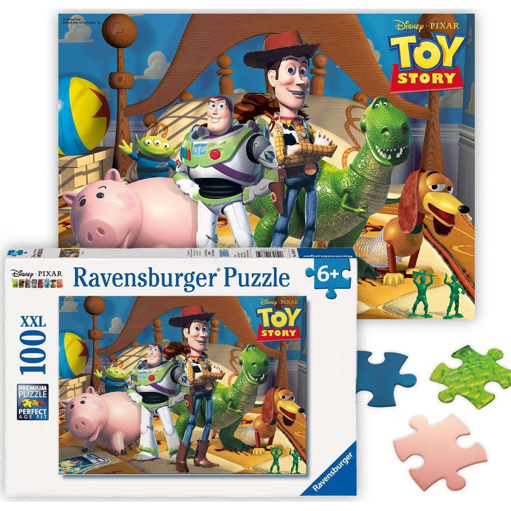 Personaggi di Toy Story su una scatola di puzzle e pezzi sfusi.