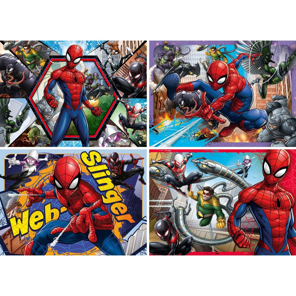 Spider-Man i przyjaciele walczą ze złoczyńcami. Kolorowe sceny komiksowe.