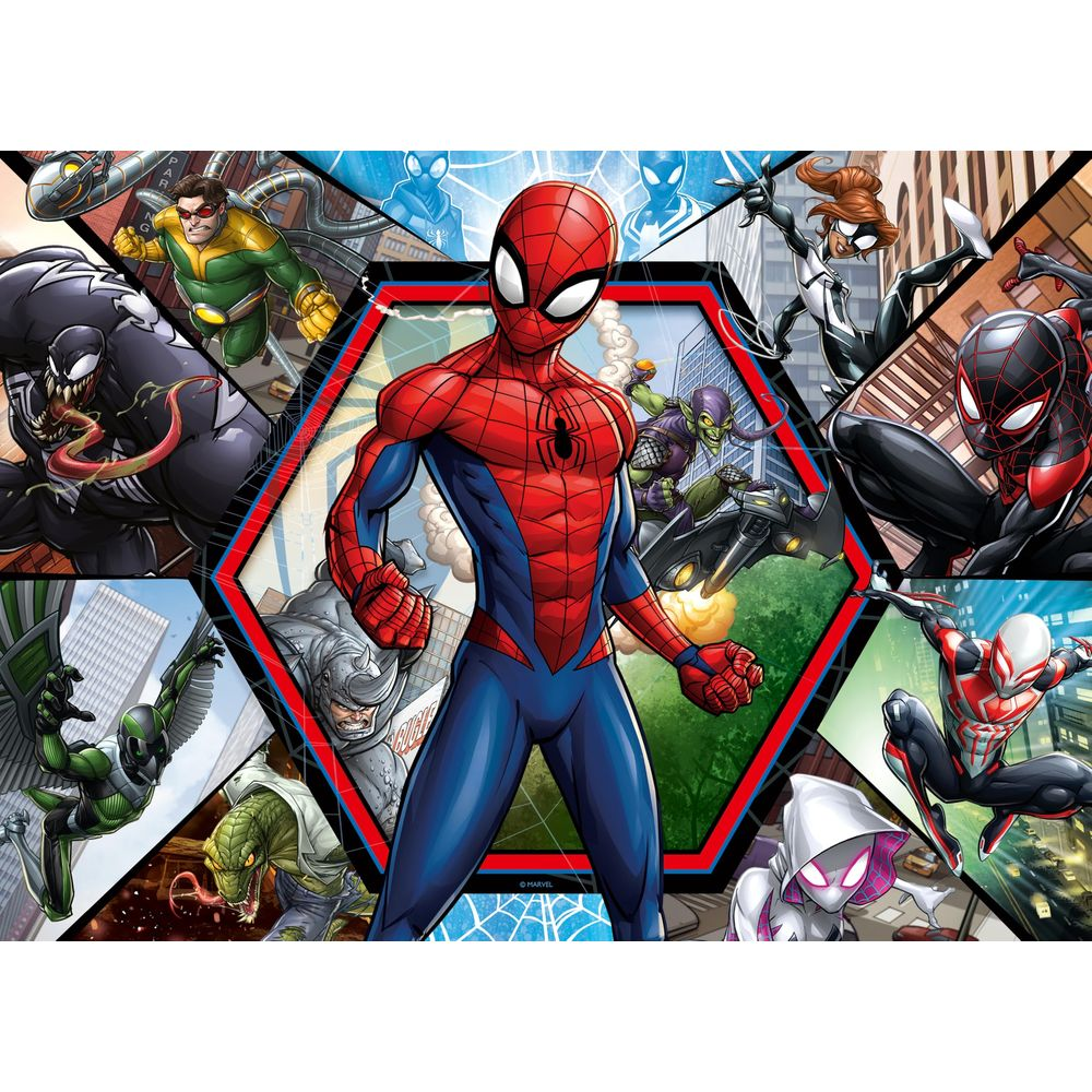 Spiderman i sojusznicy walczą ze złoczyńcami, jak Venom i Green Goblin, w kolażu.