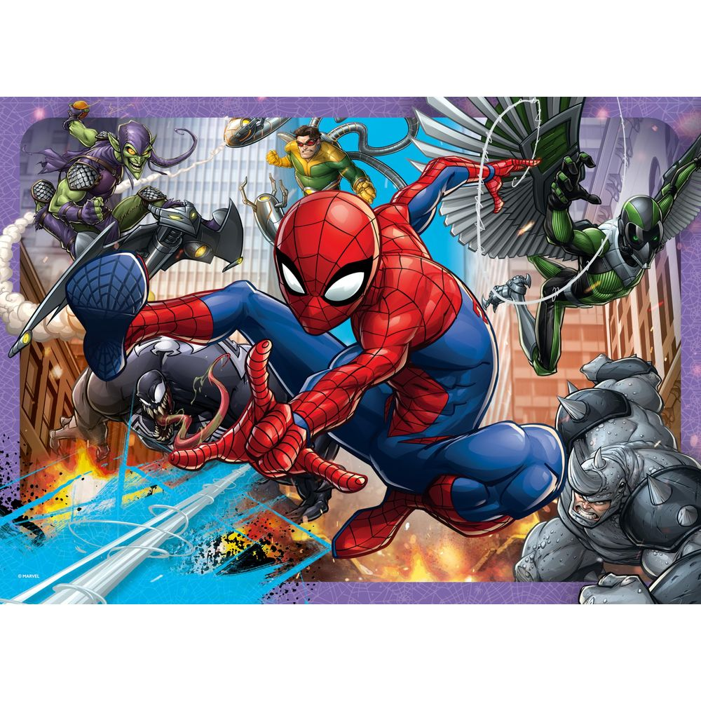 Spider-Man walczy z Zielonym Goblinem, Doktorem Octopusem, Venomi, Vulturem i Rhino w mieście.