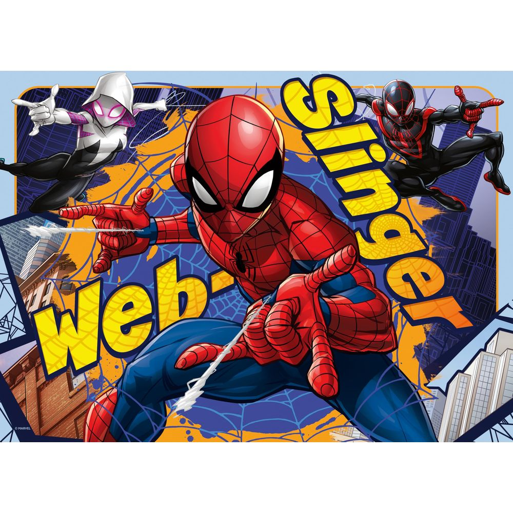 Spider-Man, Ghost-Spider i Miles Morales pozują na tle panoramy miasta.