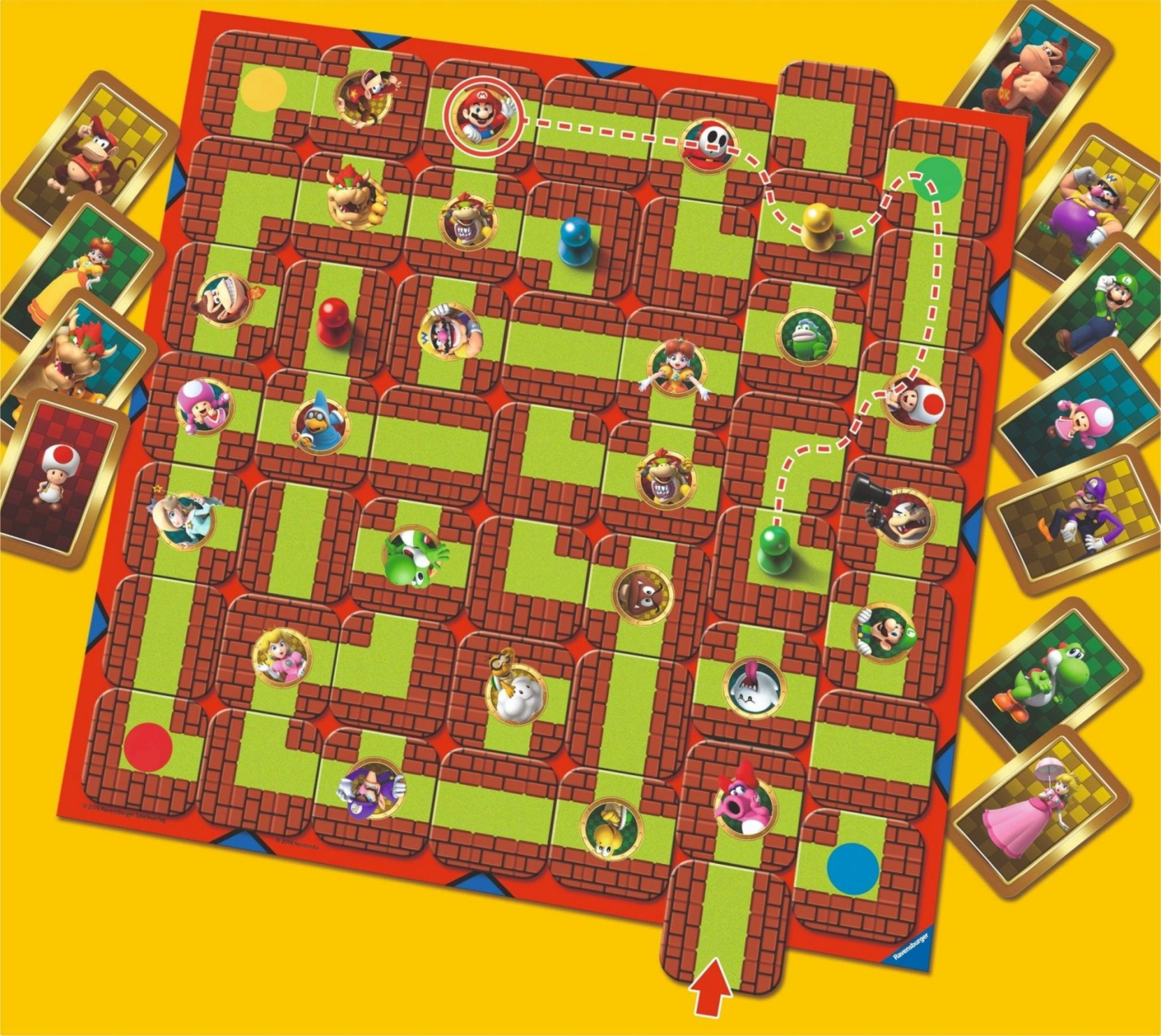 Gra planszowa Mario z kartami postaci: Donkey Kong, Księżniczka Peach, Bowser, Luigi, Yoshi.