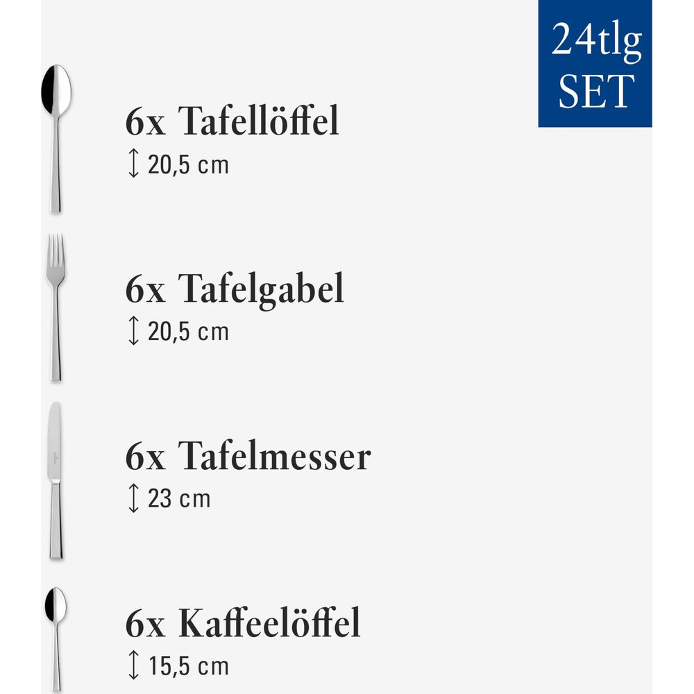 24-teiliges Set mit Besteck: 6x Löffel, 6x Gabel, 6x Messer, 6x Kaffeelöffel.