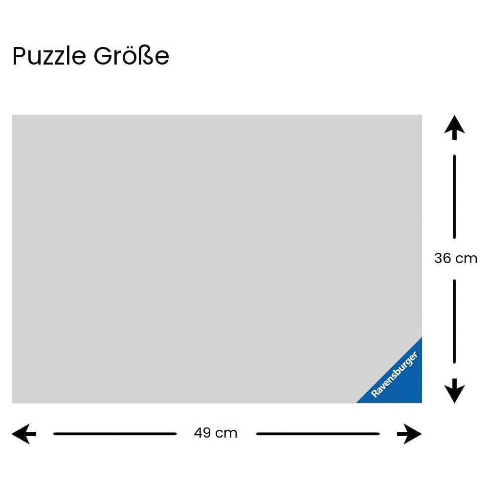 Dimensioni puzzle 49x36 cm. Logo Ravensburger in basso.