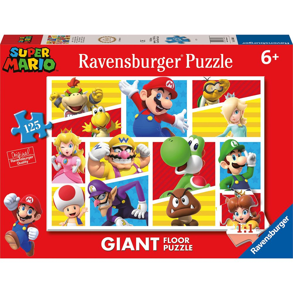 Puzzle gigante da pavimento Ravensburger Super Mario da 125 pezzi con molti personaggi.