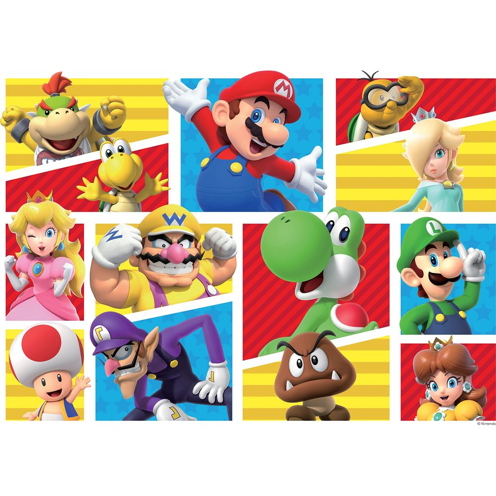 Mario, Luigi, Peach, Daisy, Yoshi, Wario, Waluigi e Goomba su sfondo colorato.