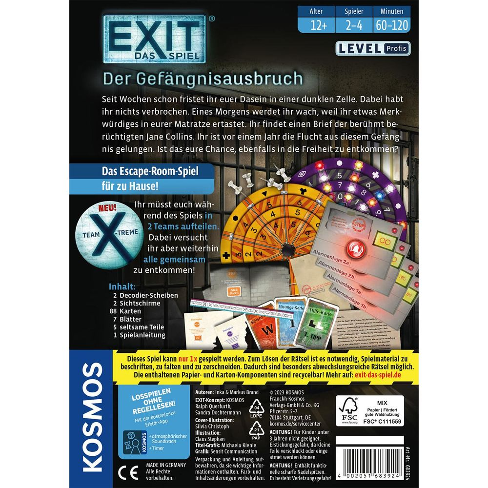 Cover des Escape-Room-Spiels 'EXIT: Der Gefängnisausbruch' mit Spielkomponenten.