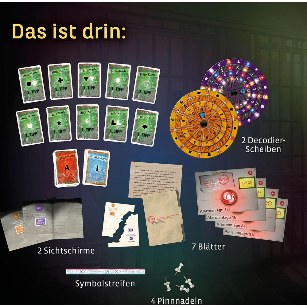 Spielkomponenten: Hilfekarten, Rätsel-, Lösungs- und Decodierkarten, Sichtschirme, Blätter, Symbolstreifen, Pinnnadeln.