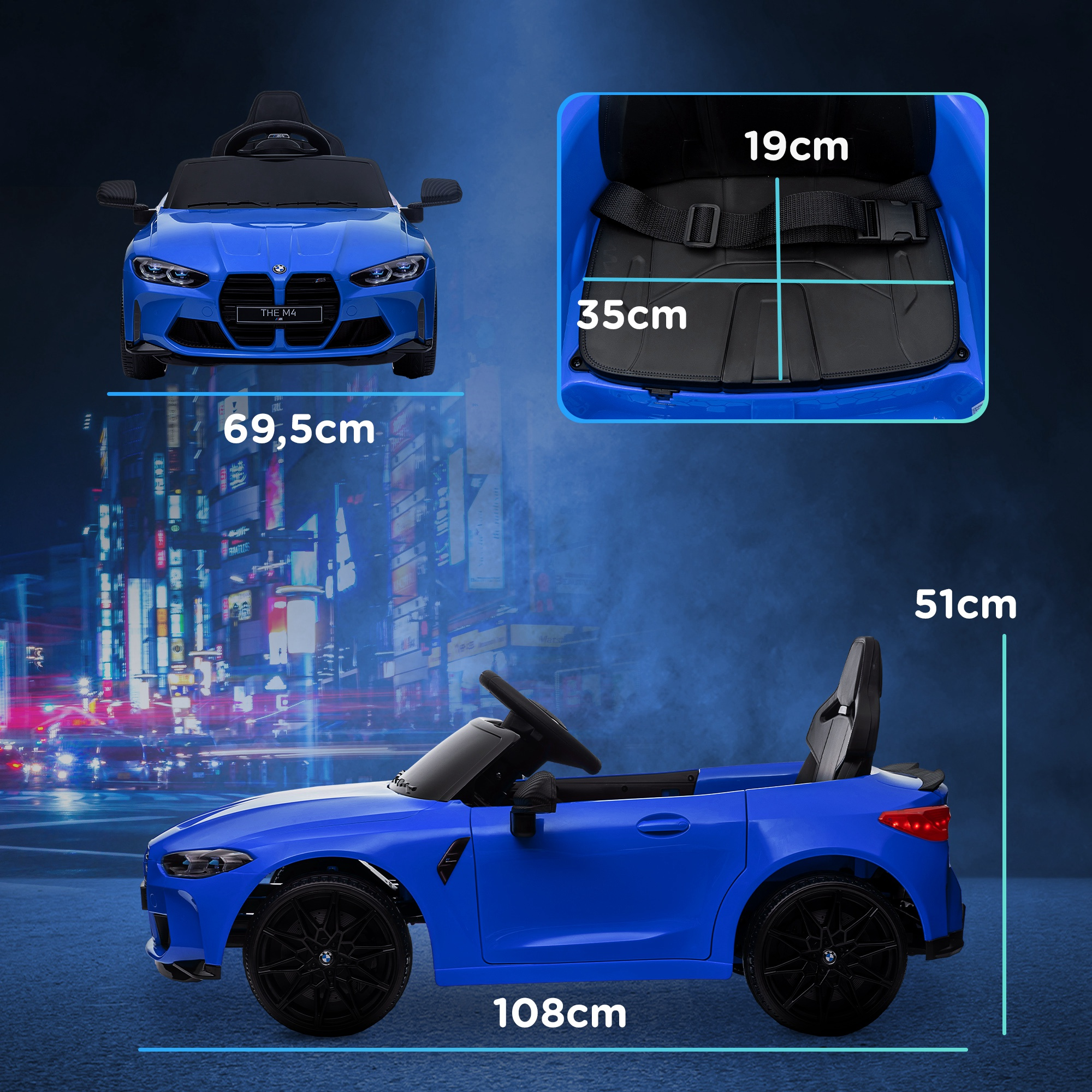 Un coche de juguete azul con ruedas y asiento negros. Se muestran las dimensiones.