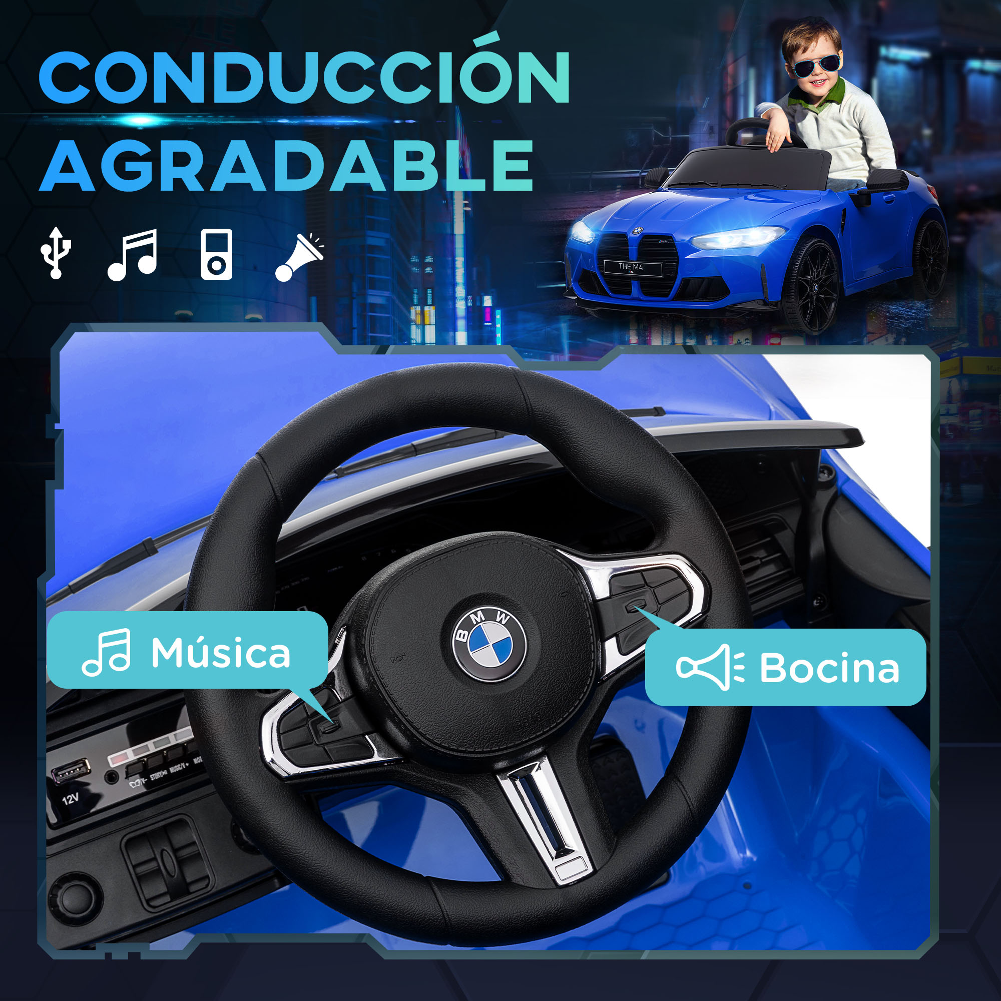 Un coche BMW de juguete azul con un niño dentro, enfocado en el volante.