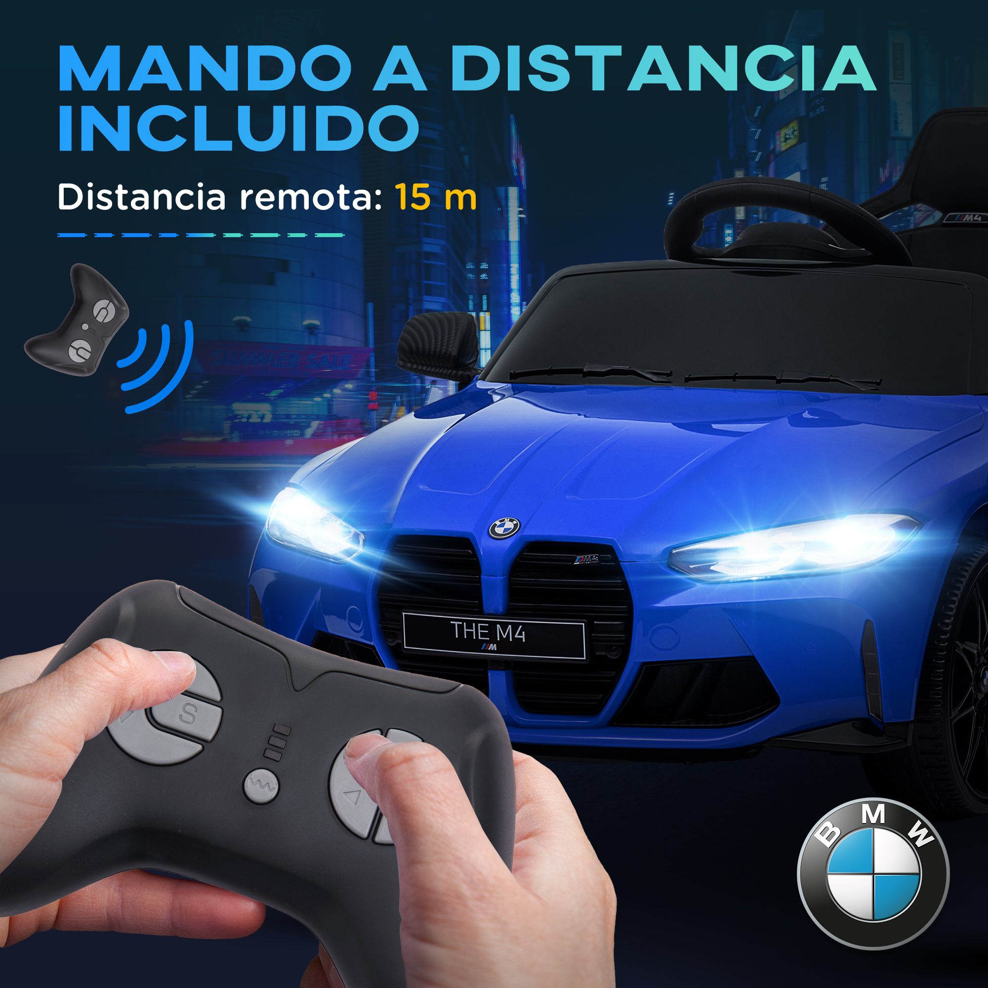 Un coche azul teledirigido con logo de BMW y mando a distancia.