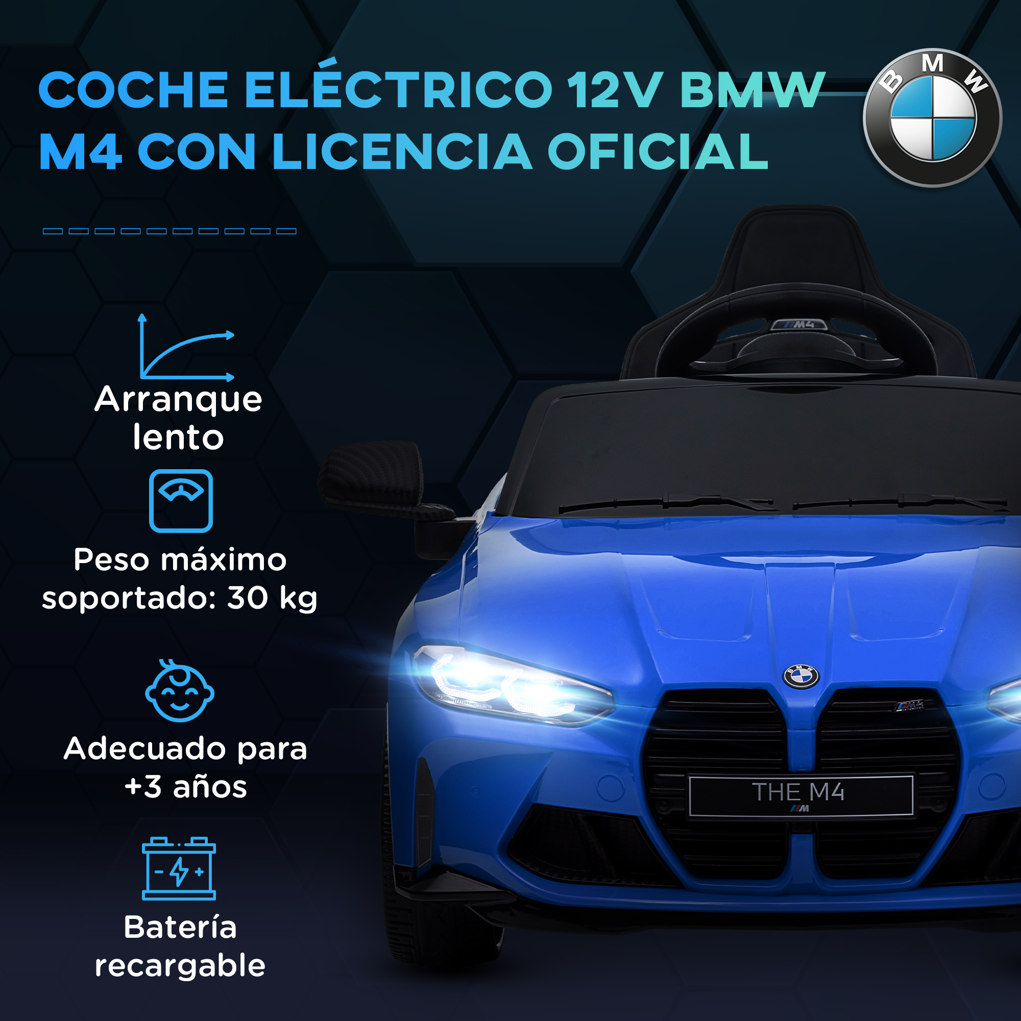 Coche eléctrico azul BMW M4 12V oficial para niños, máx 30kg.
