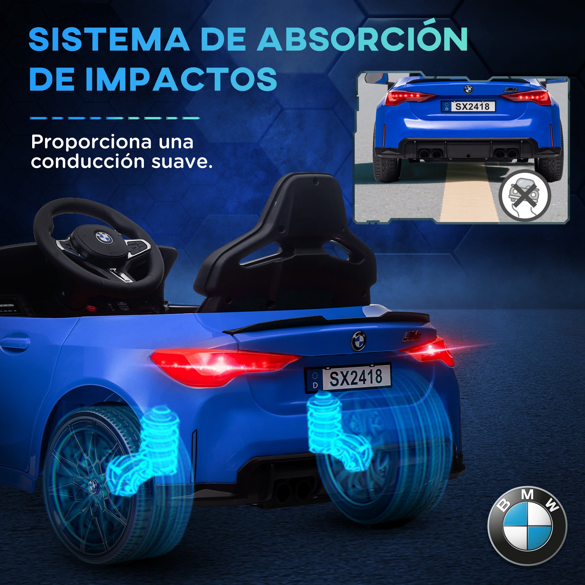 BMW azul con animación de amortiguador y texto. Proporciona conducción suave.
