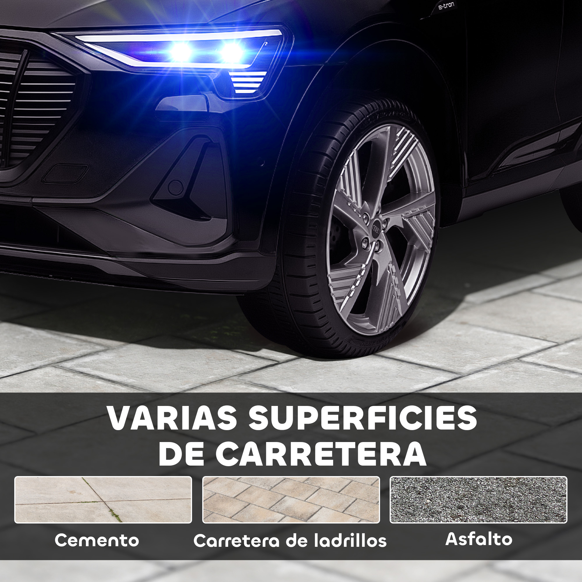 Coche negro con faros azules sobre suelo pavimentado. Imágenes de cemento, adoquines y asfalto.