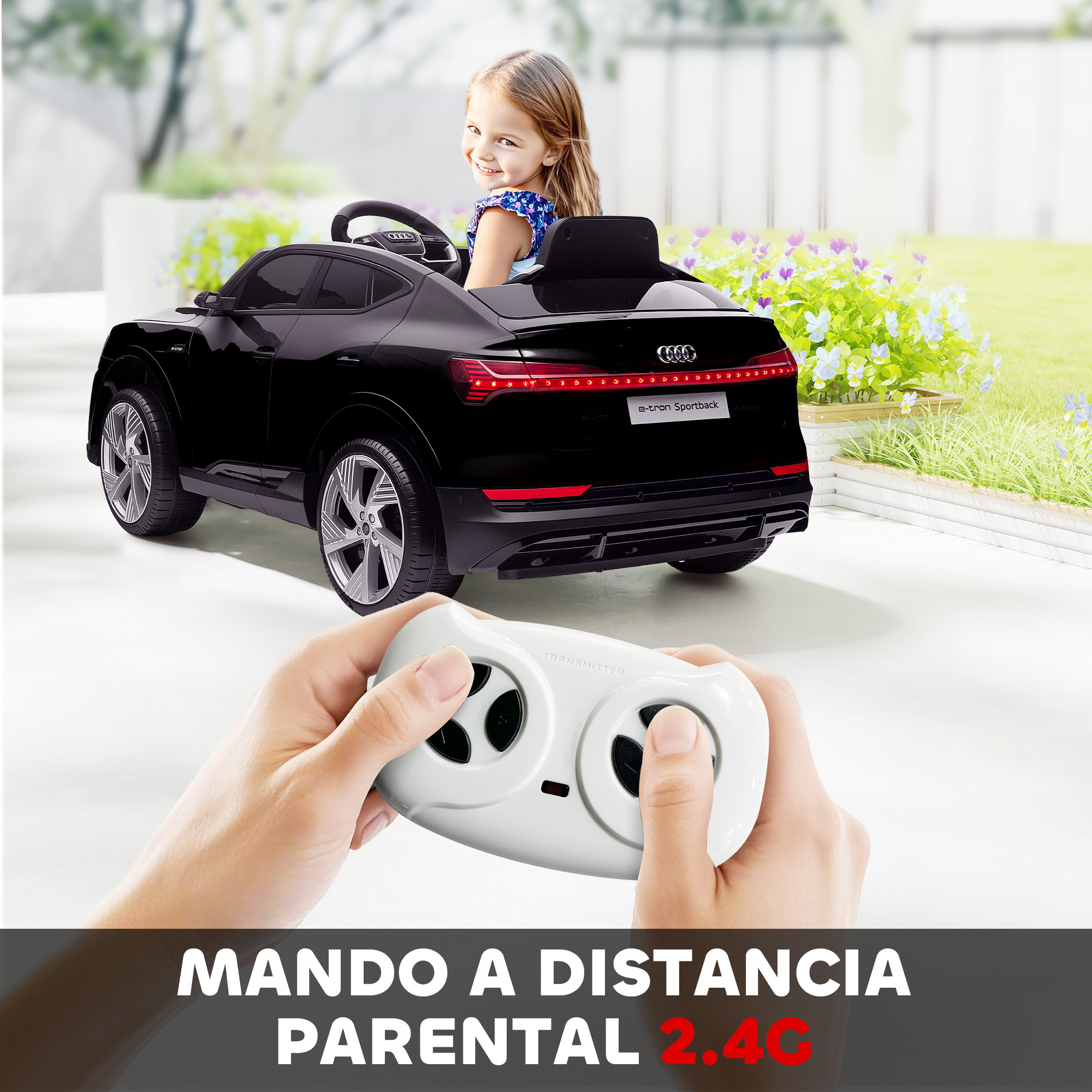 Un coche de juguete Audi negro con una niña dentro y un mando a distancia.