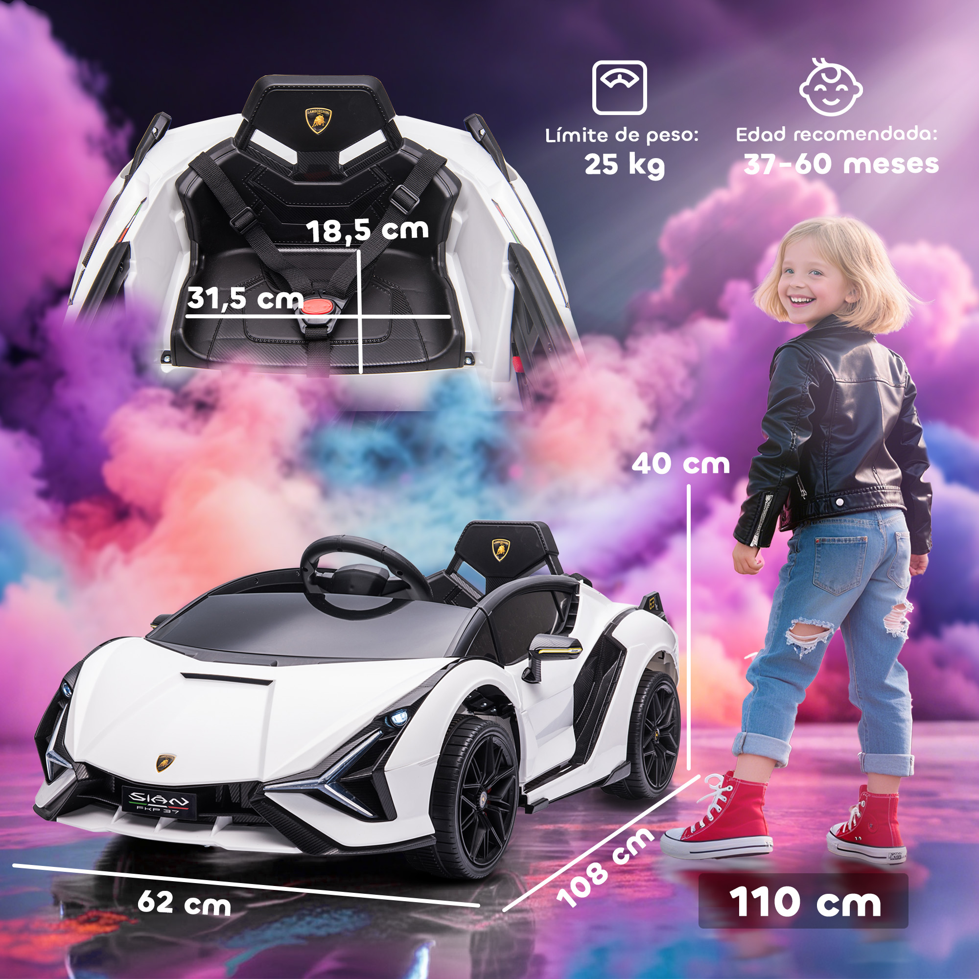 Coche de juguete blanco Lamborghini con niña. Se muestran dimensiones.