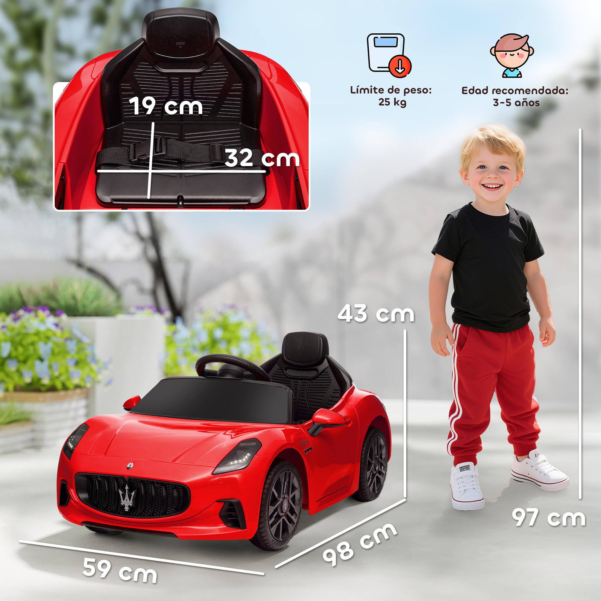 Coche eléctrico rojo con niño pequeño. Se muestran dimensiones.