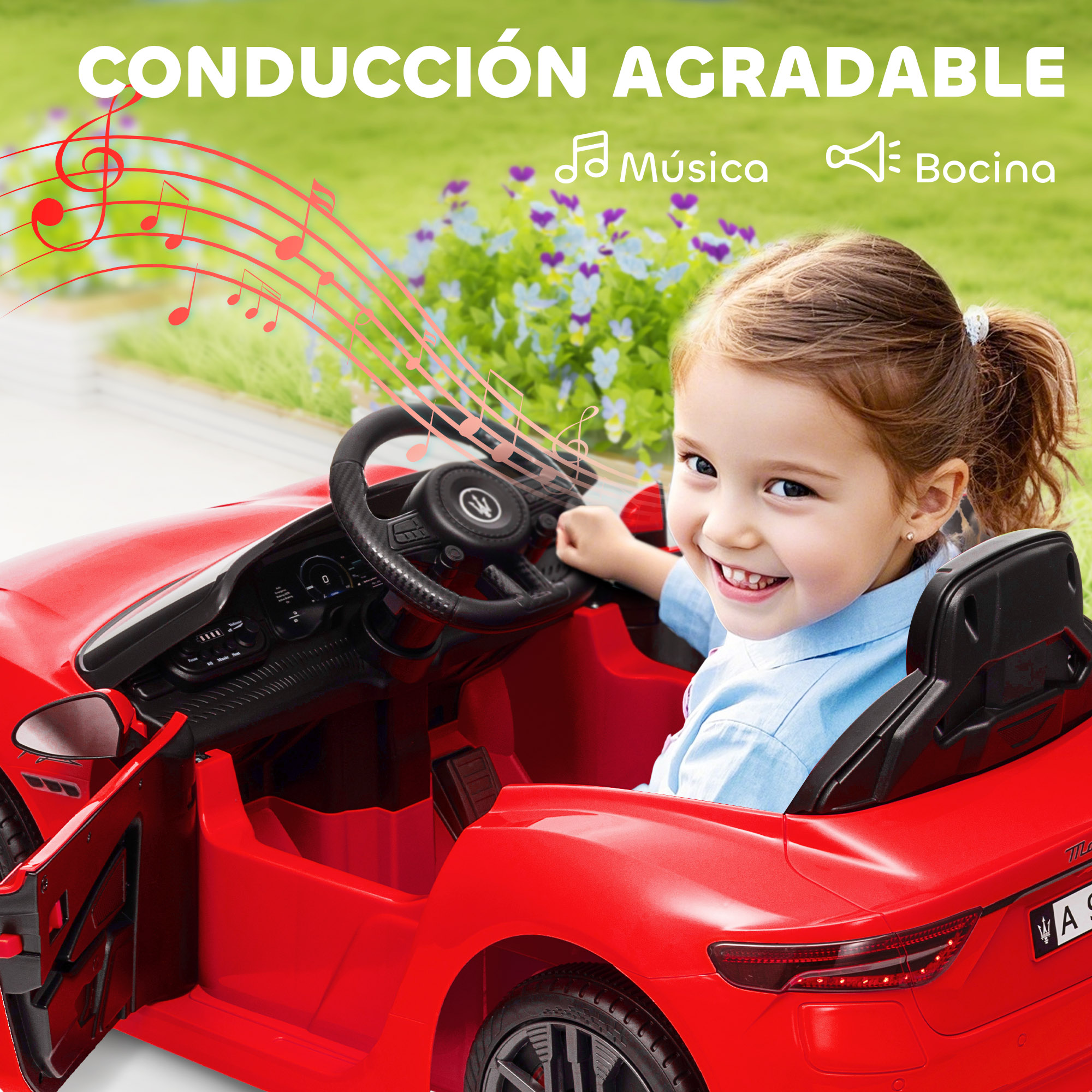 Una niña feliz conduce un coche de juguete rojo al aire libre con notas musicales.