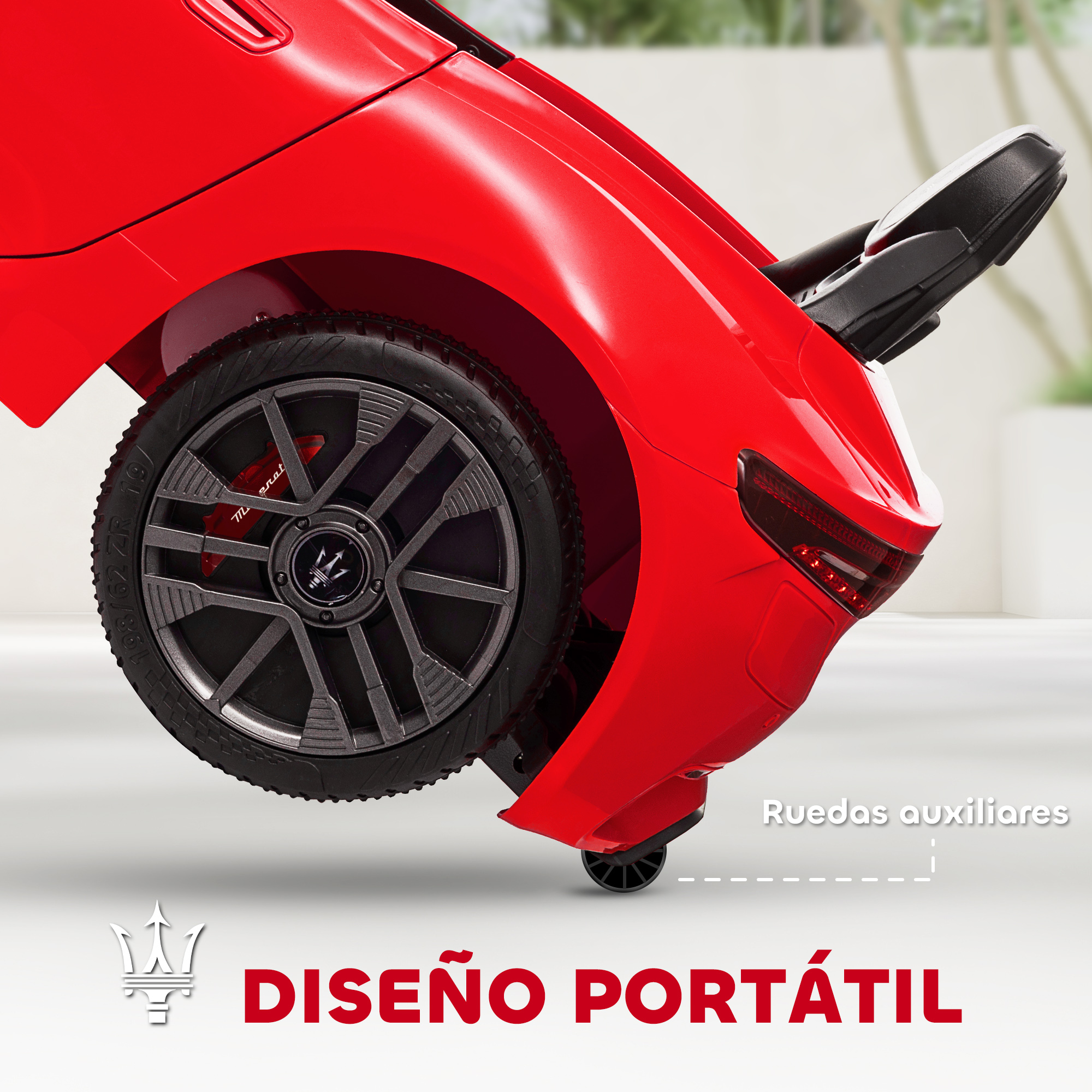 Detalle de coche de juguete rojo con rueda y logo Maserati. "Diseño Portátil".