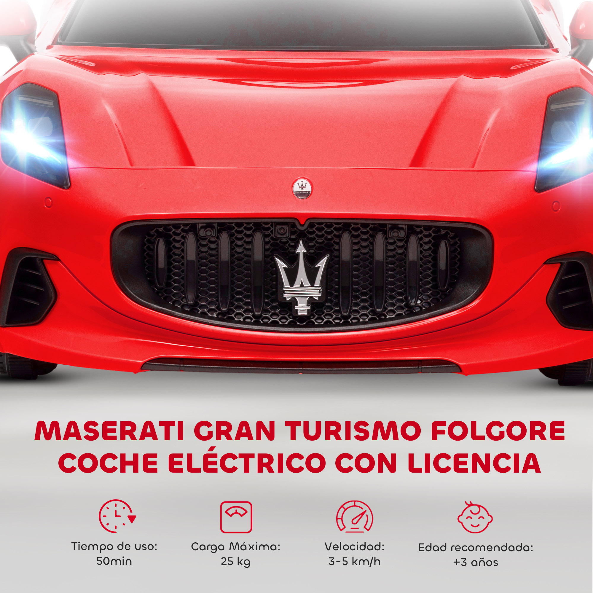 Un Maserati Gran Turismo rojo con faros y emblema iluminados.