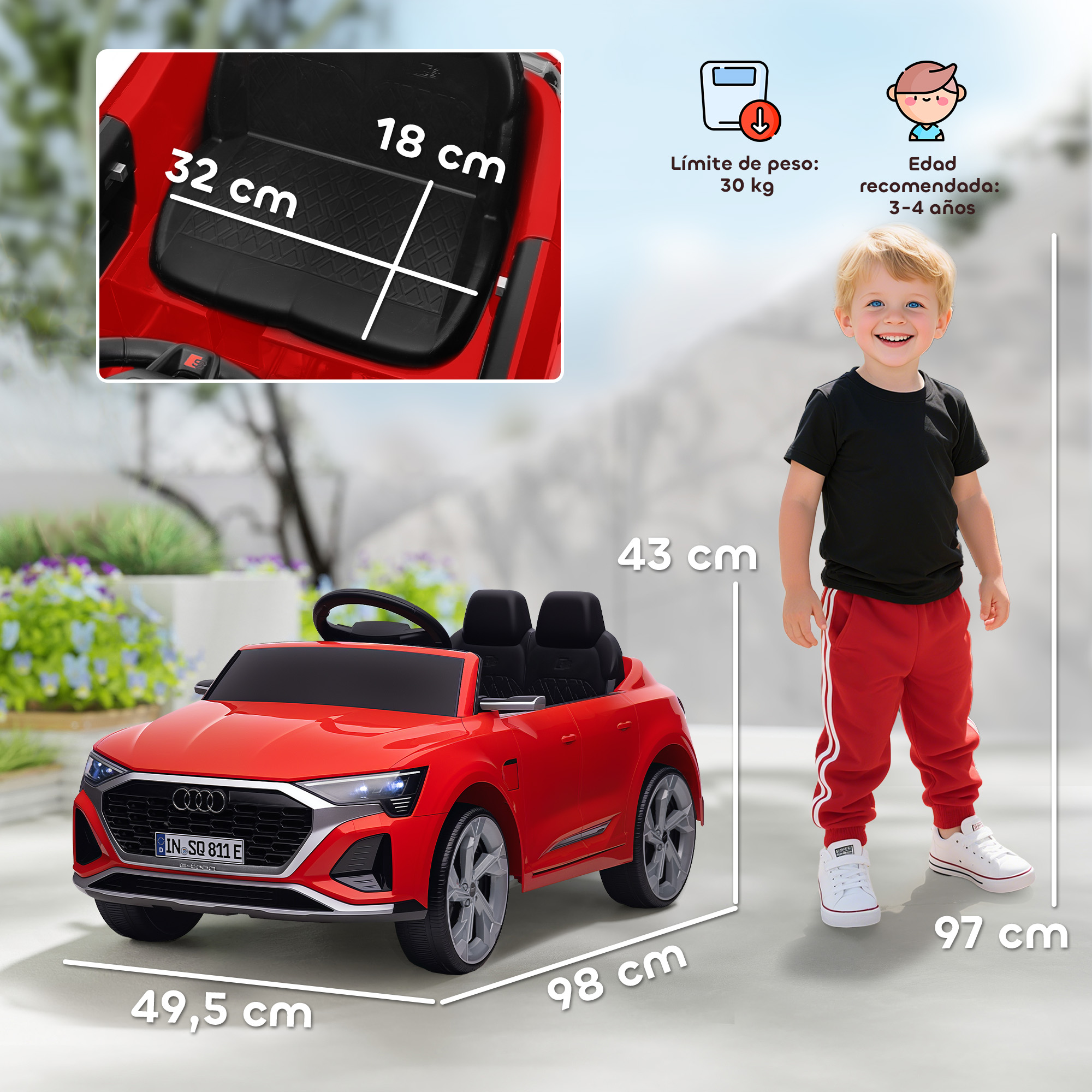 Un coche eléctrico rojo para niños con un chico al lado. Se muestran las dimensiones.