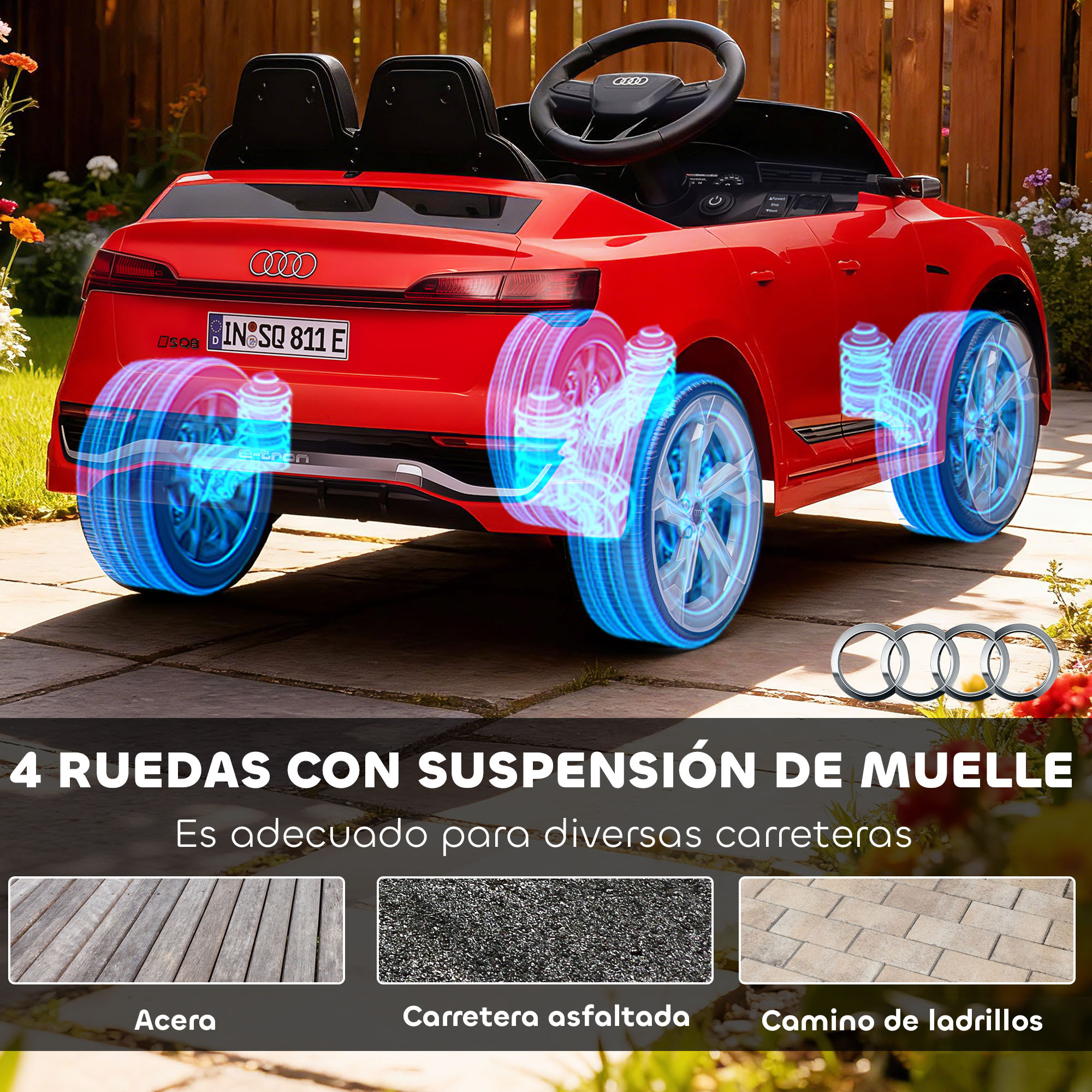 Un coche eléctrico rojo para niños con suspensión y ruedas visibles.