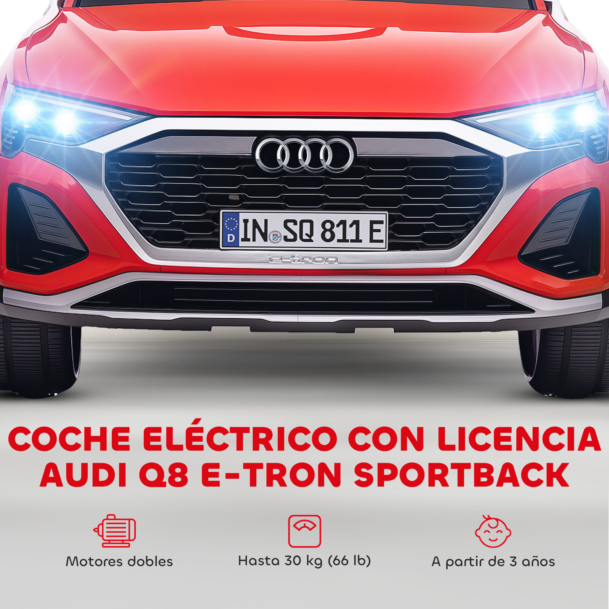 Coche eléctrico rojo Audi Q8 E-Tron con faros encendidos.