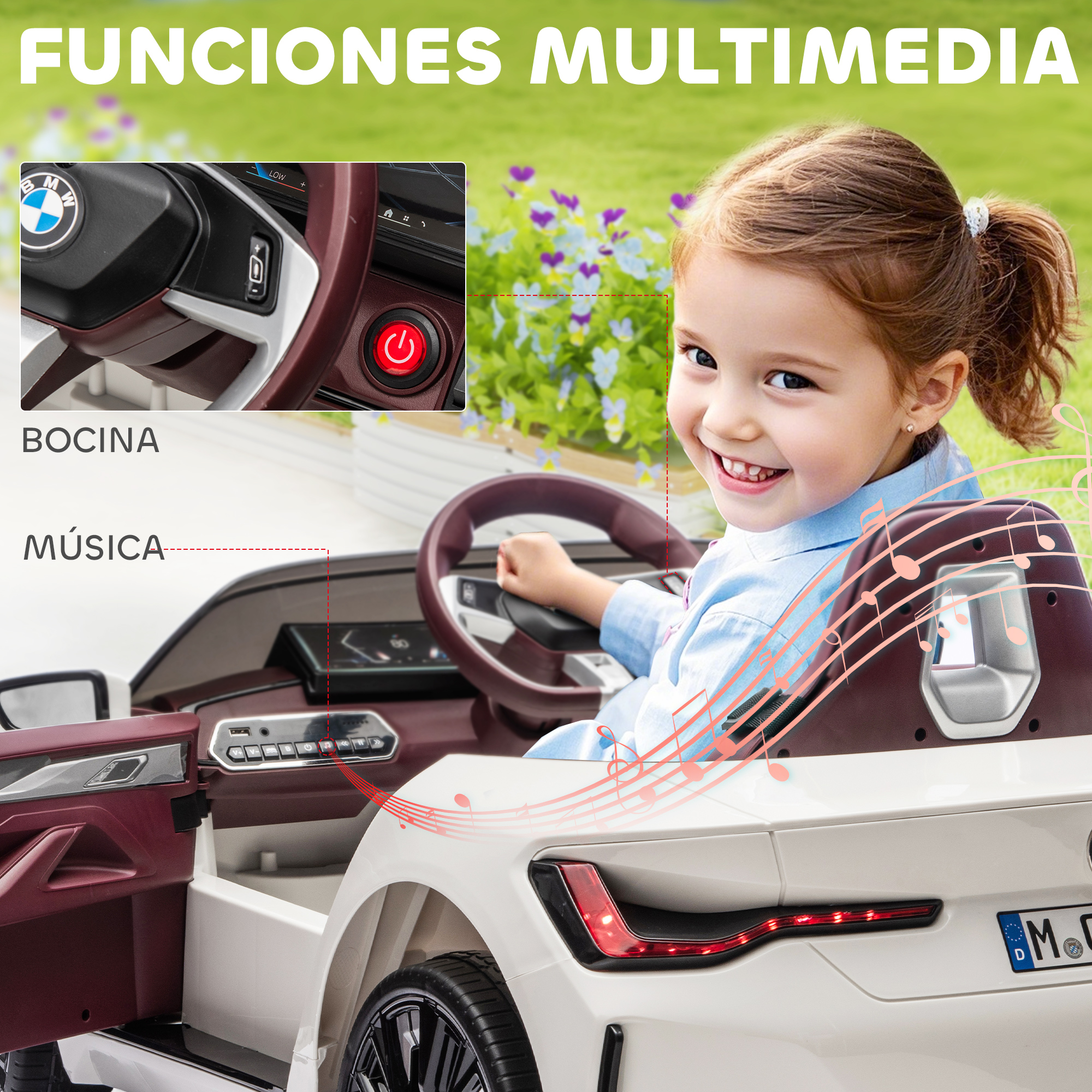 Una niña sentada en un coche de juguete blanco con logo BMW. Se ven notas musicales.