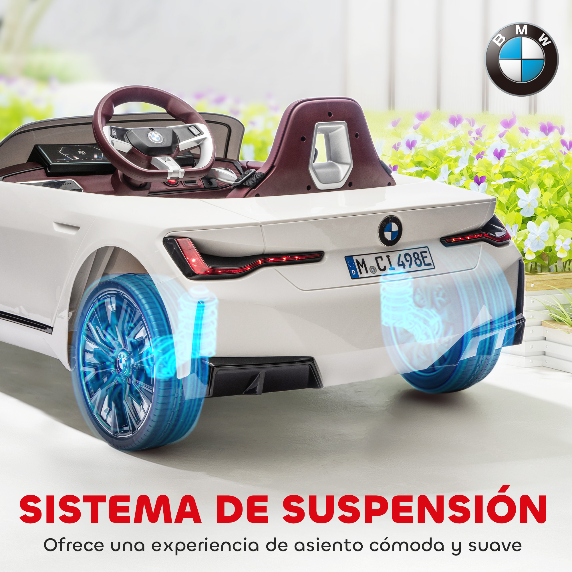 Coche eléctrico BMW blanco con efectos de suspensión azules y flores.