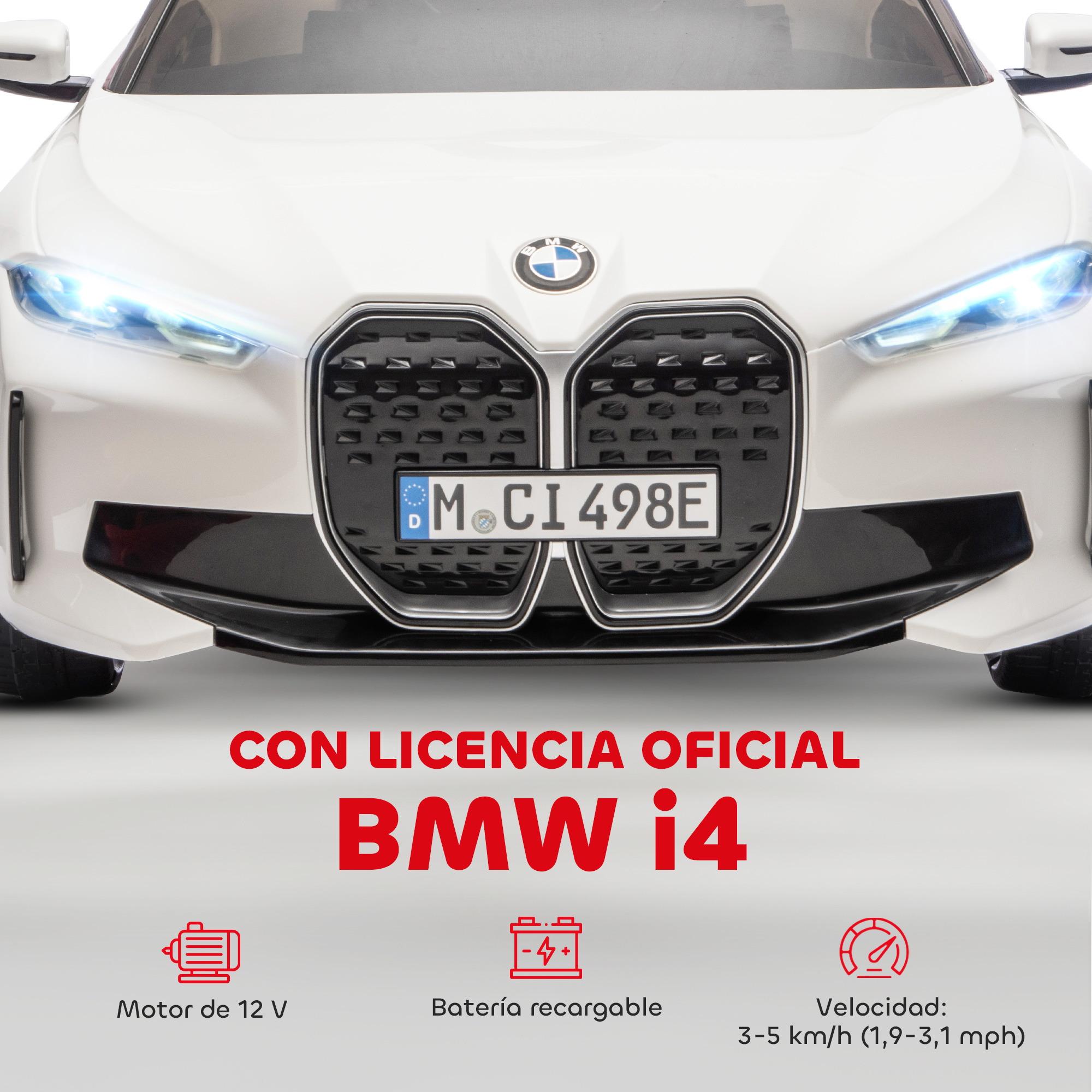 Un coche eléctrico BMW i4 blanco con faros encendidos y licencia oficial.