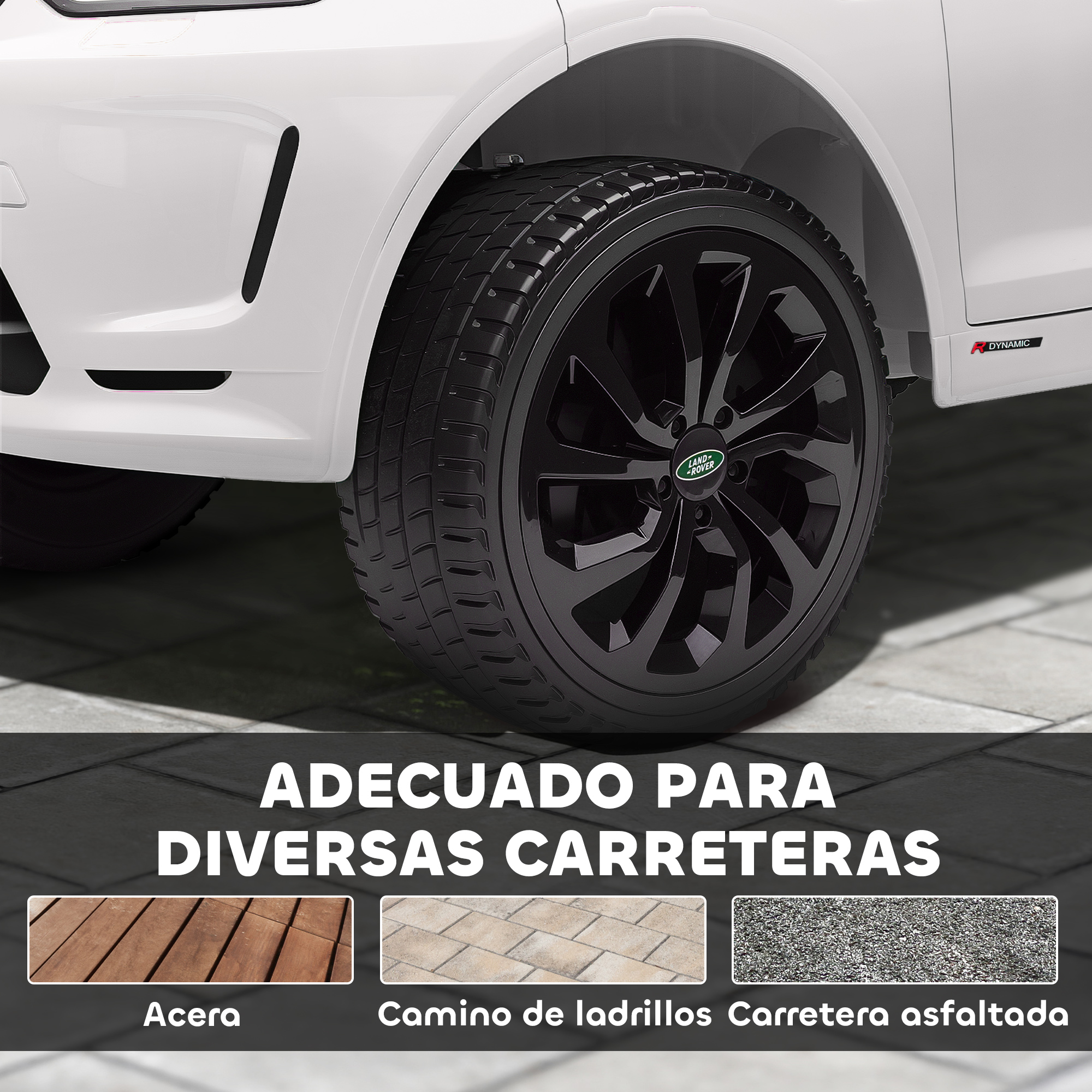 Coche eléctrico blanco con ruedas negras y logo Land Rover.
