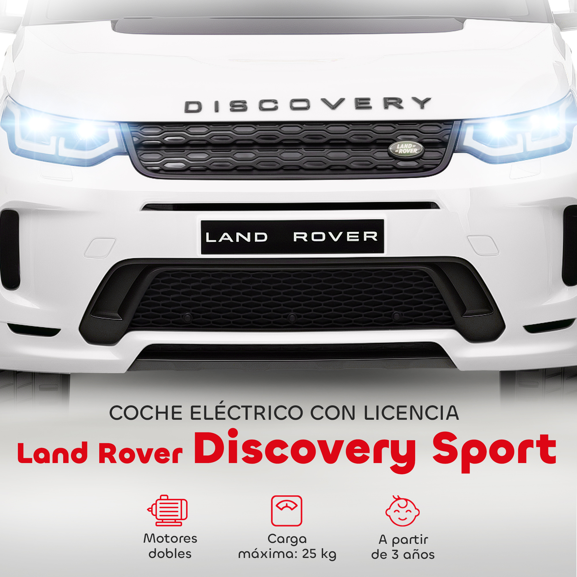 Un coche de juguete Land Rover Discovery Sport blanco con faros encendidos.