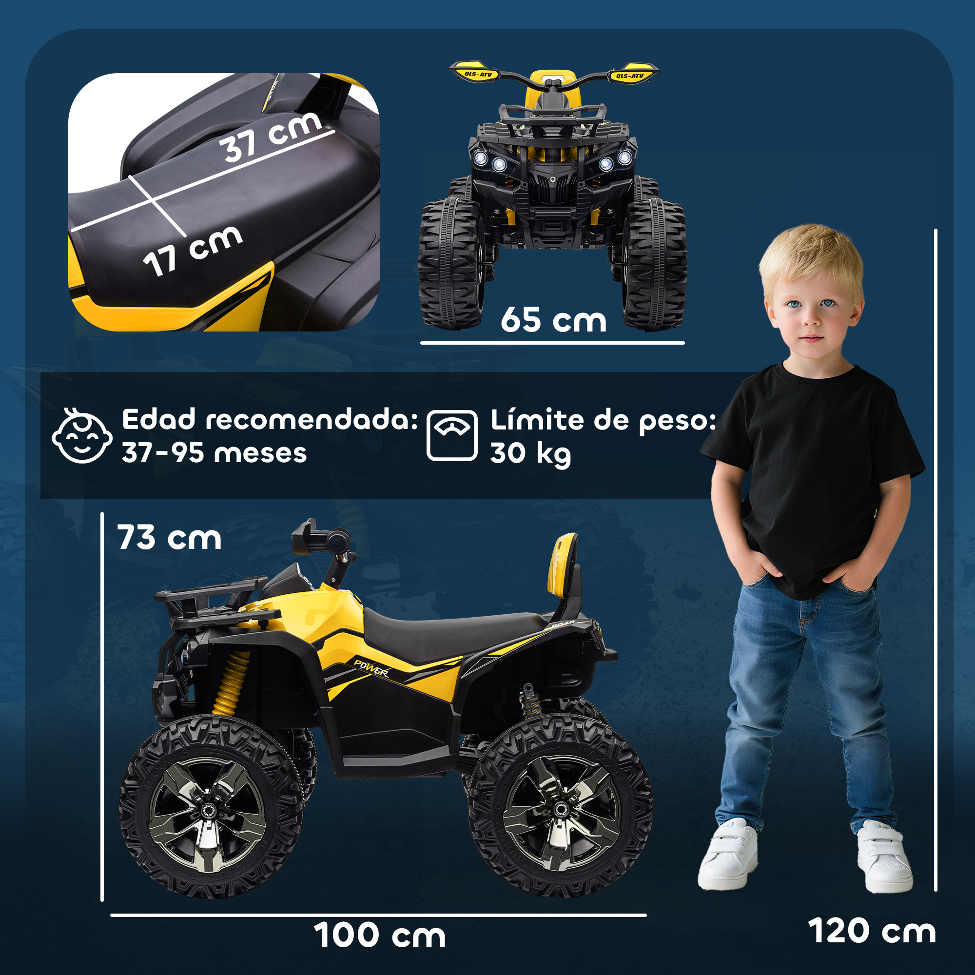 Un niño junto a un quad amarillo y negro. Se muestran dimensiones.
