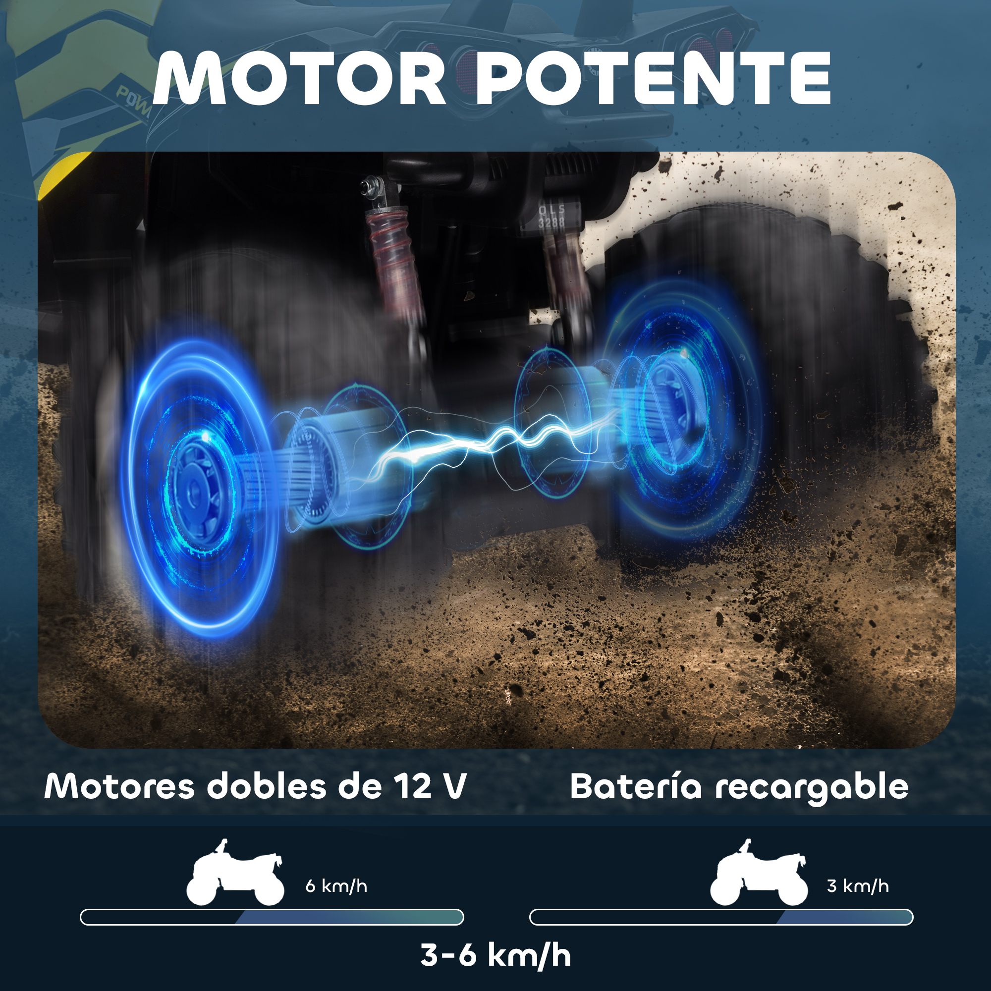 Potente motor con motores duales de 12V y batería recargable.