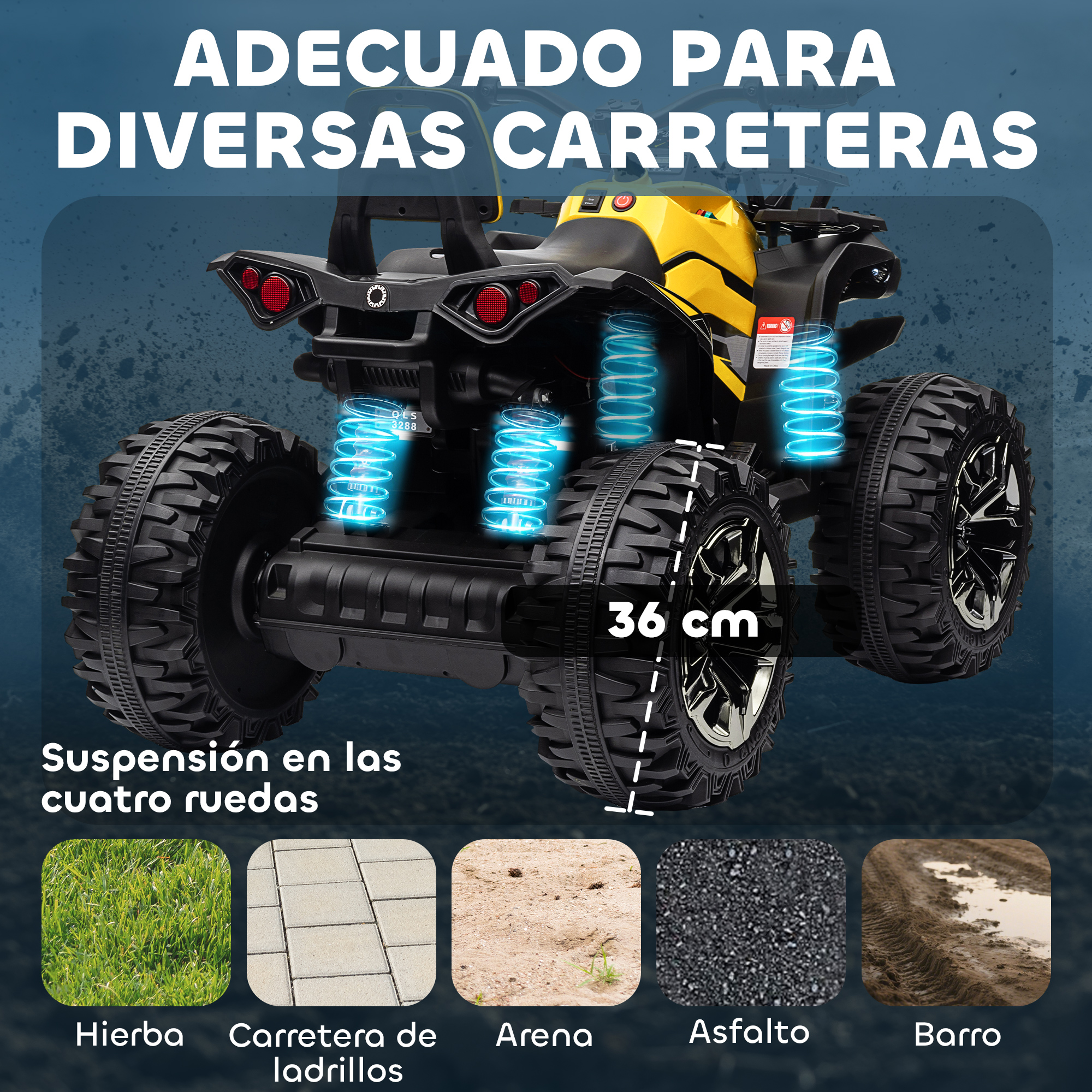 Quad amarillo y negro de 36 cm, suspensión en las cuatro ruedas, apto para hierba, asfalto, arena, grava y barro.