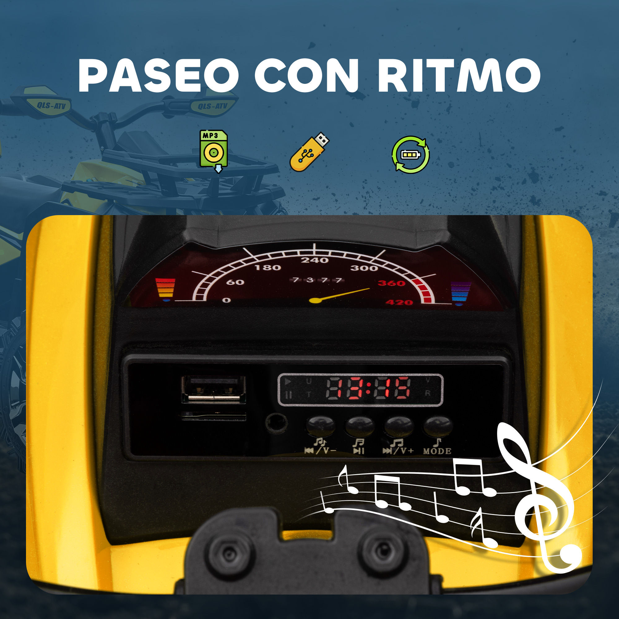 Quad amarillo con panel, iconos MP3, USB, batería. Texto: PASEO CON RITMO.