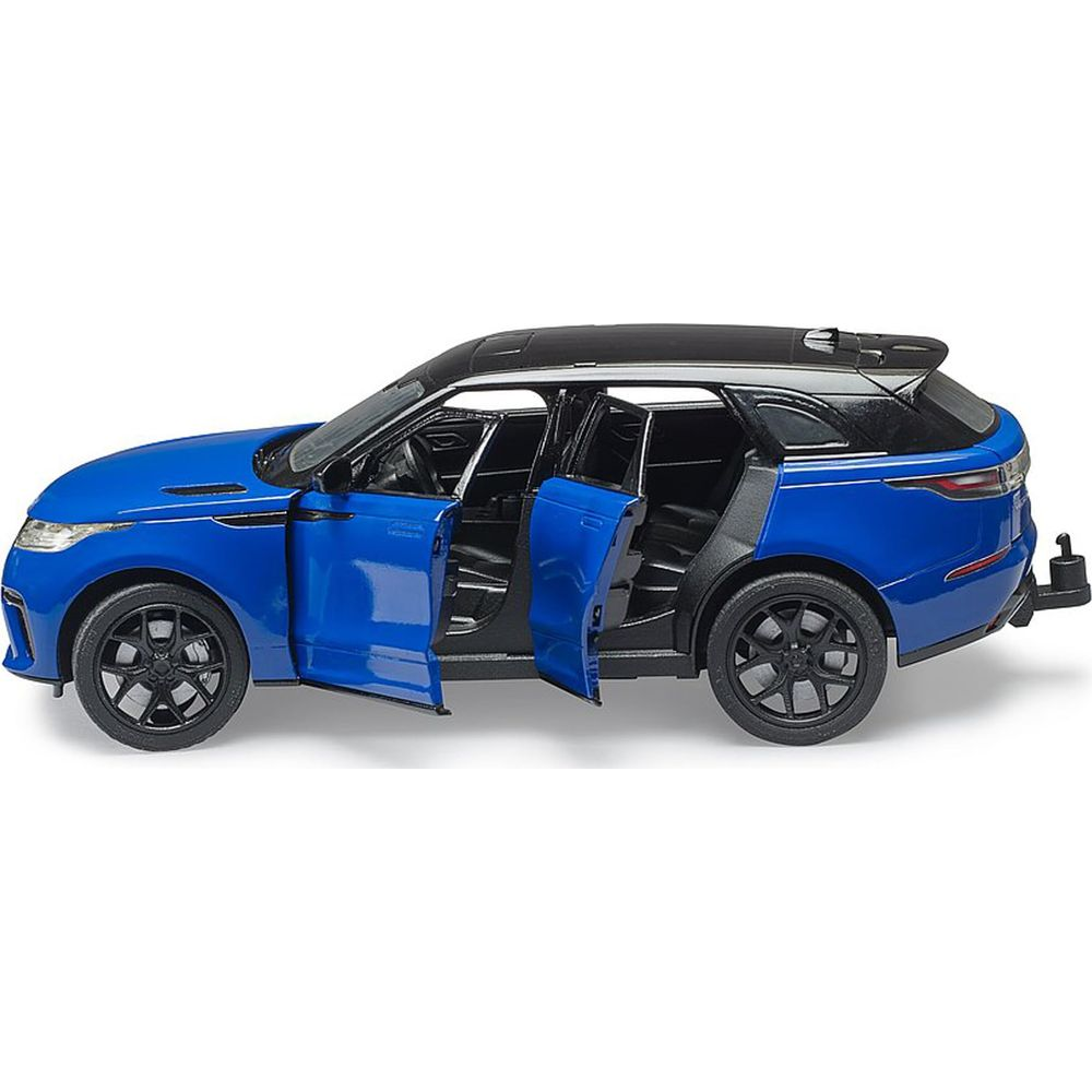 Ein blauer Spielzeug-SUV mit geöffneten Türen und schwarzem Dach.