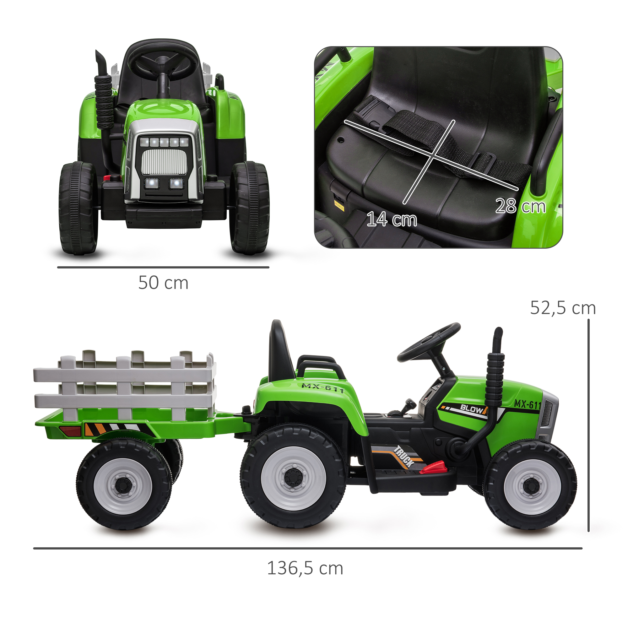 Un tractor de juguete verde con remolque, mostrando dimensiones.