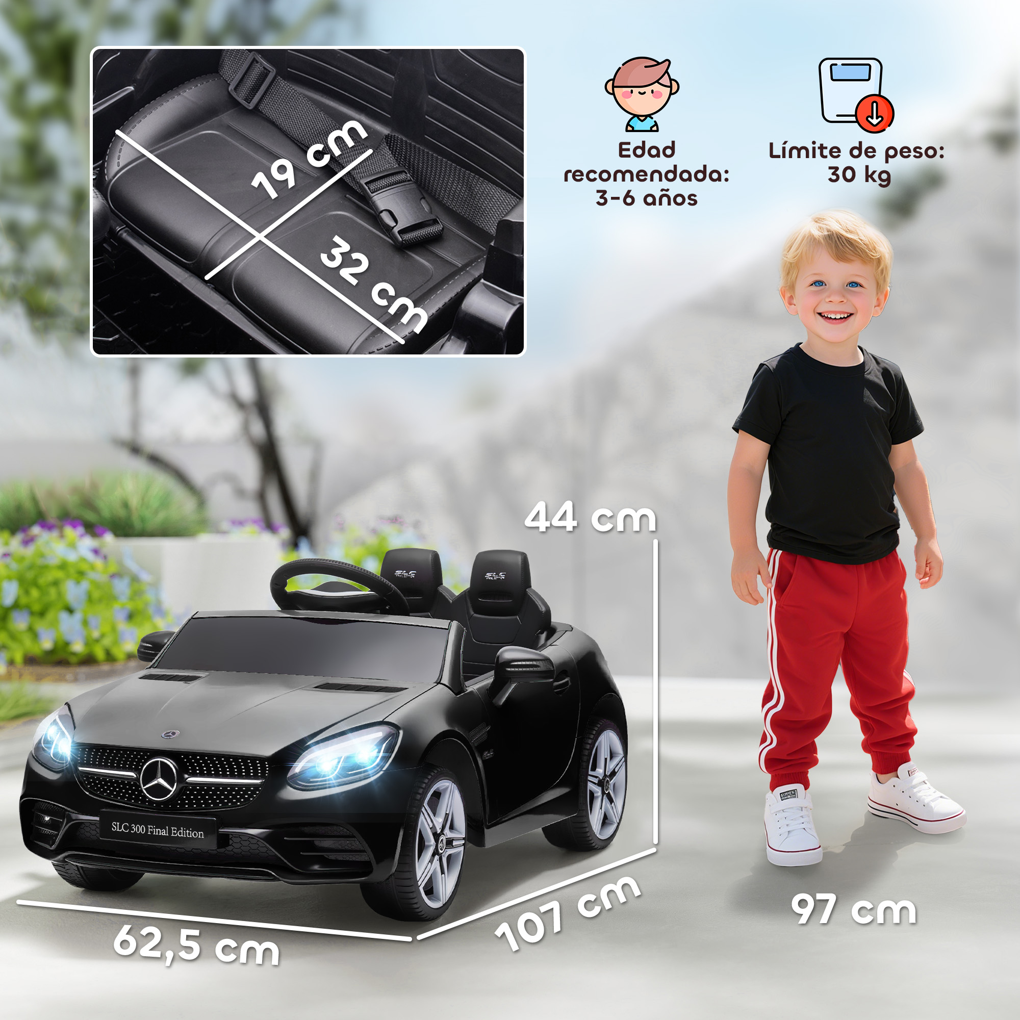 Coche eléctrico negro con conductor joven, medidas y límites de edad/peso.