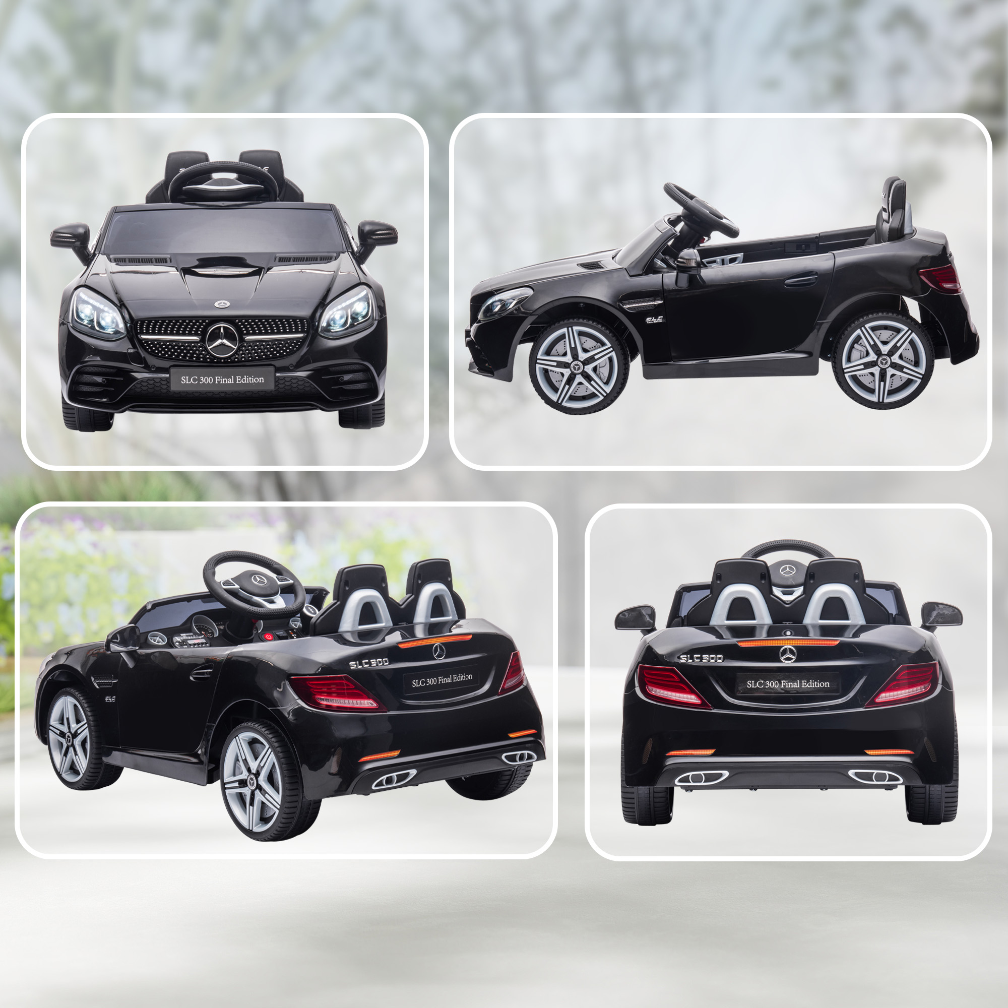Un coche de juguete negro estilo Mercedes, mostrado de frente, lado y atrás.