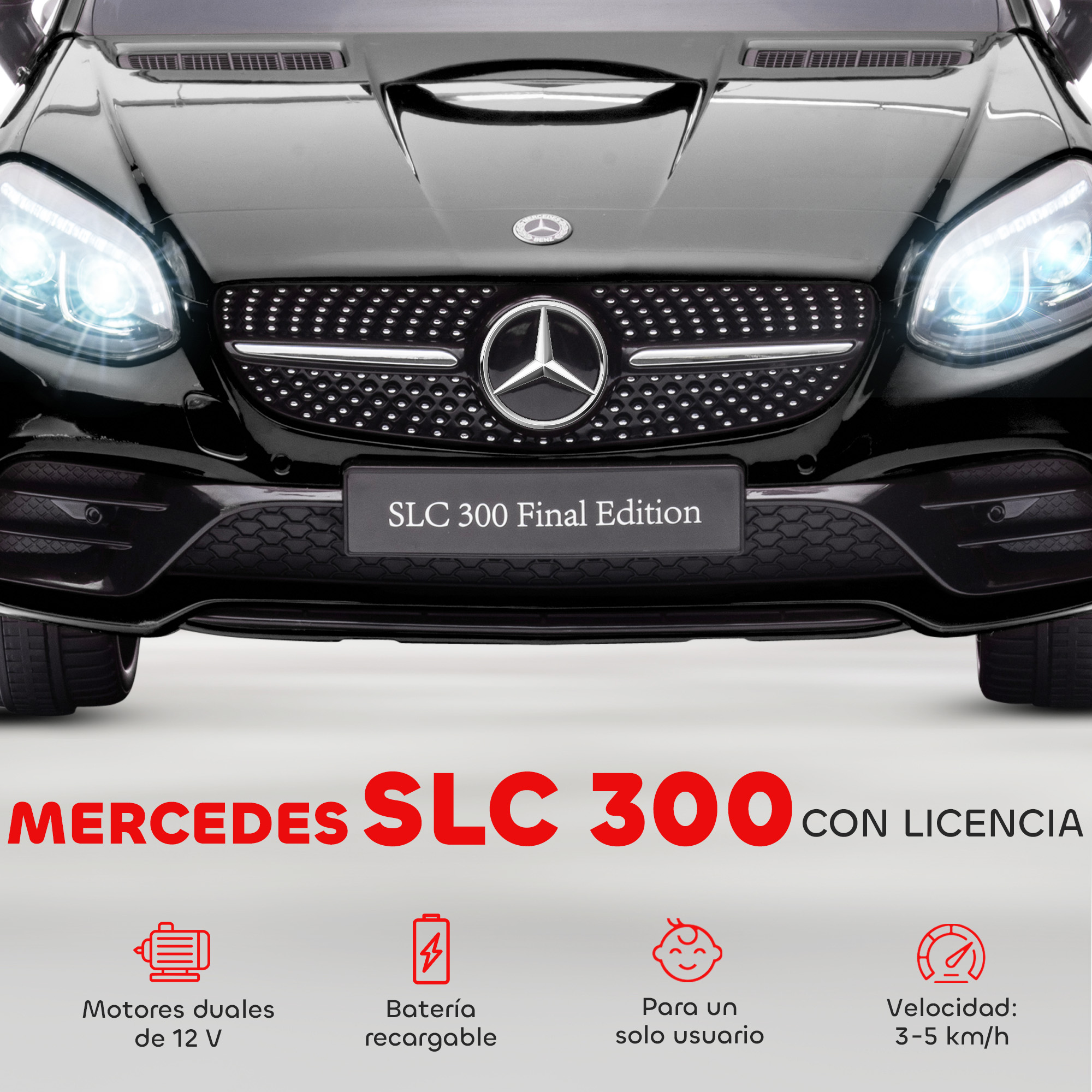 Mercedes SLC 300 negro con faros y emblema iluminados.