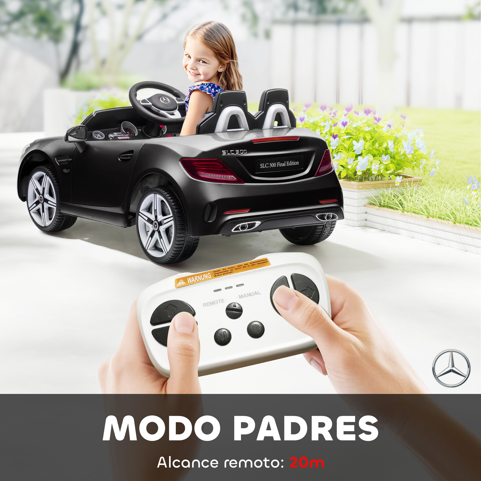Una niña en un coche de juguete Mercedes negro con control remoto.