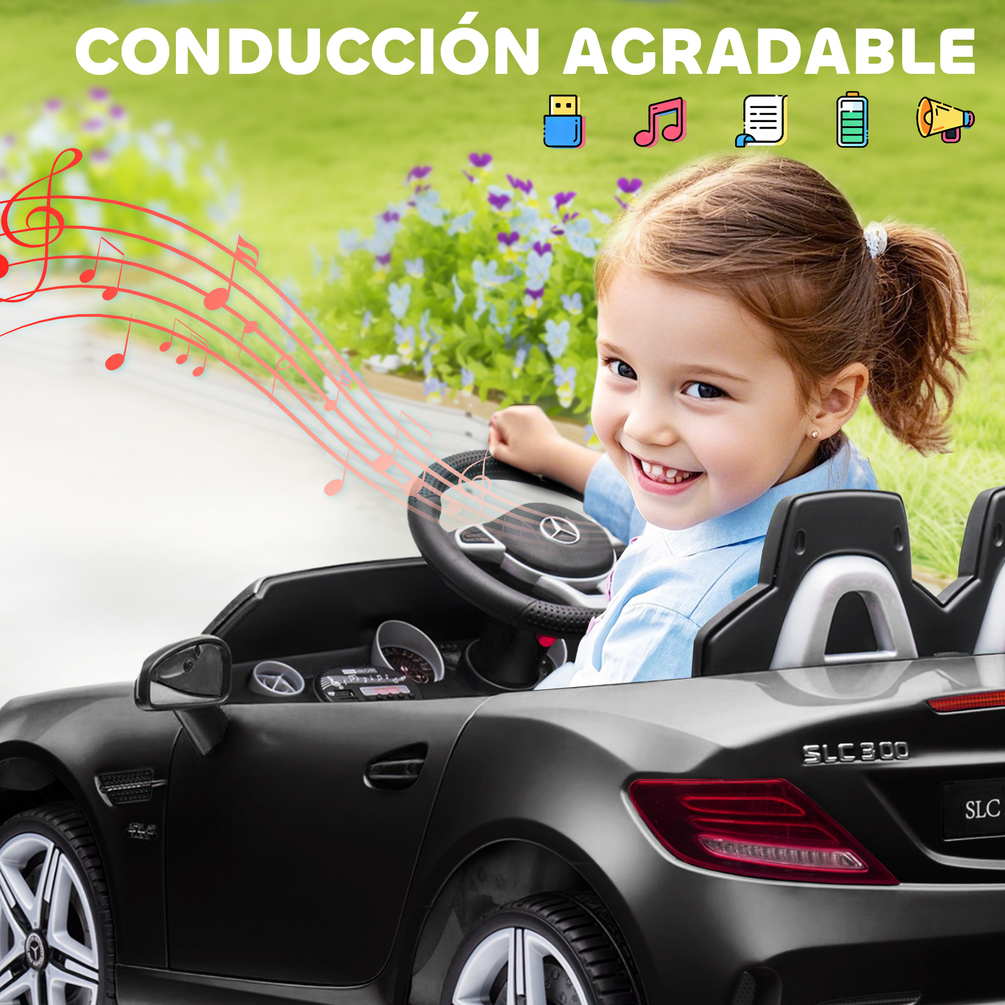 Una niña conduce un coche eléctrico negro con notas musicales.