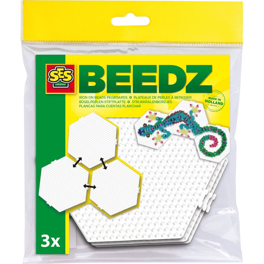 SES BEEDZ Bügelperlen-Set mit sechseckigen Platten und Gecko-Design.