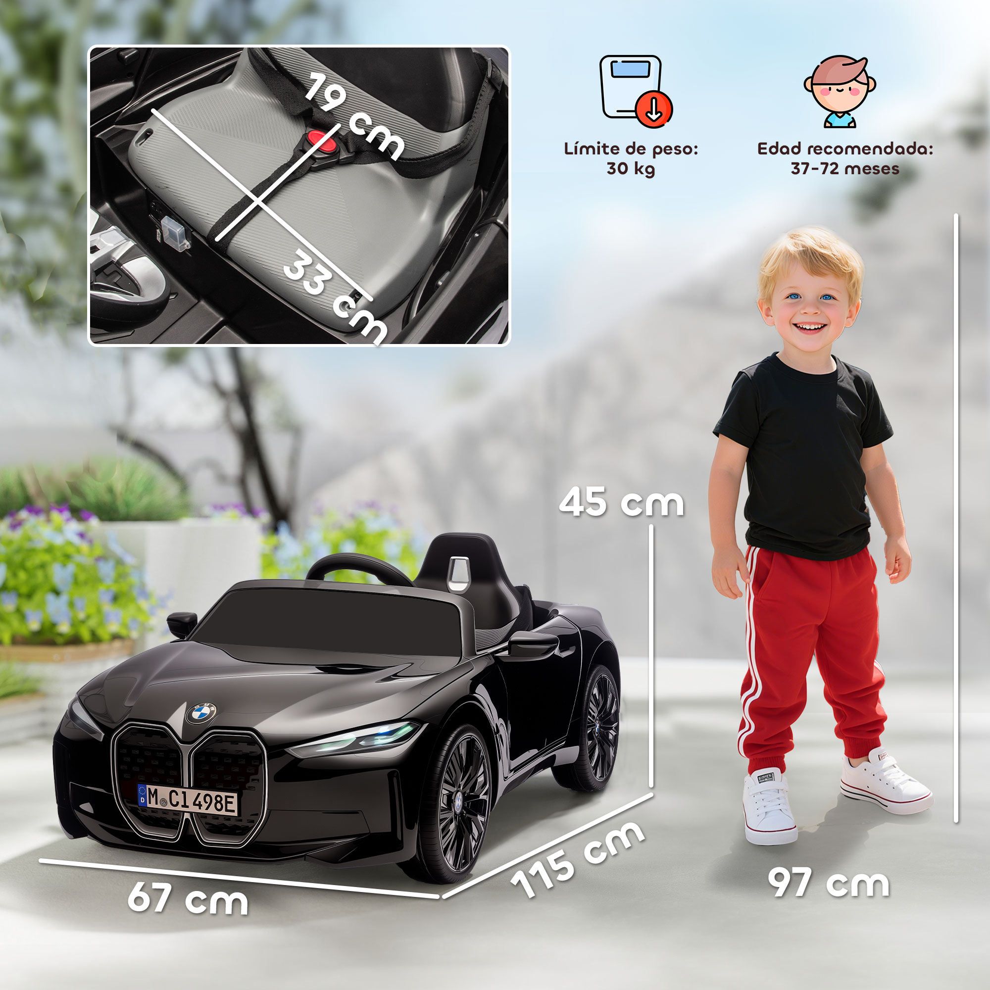 Coche eléctrico negro con un niño, se muestran las medidas.