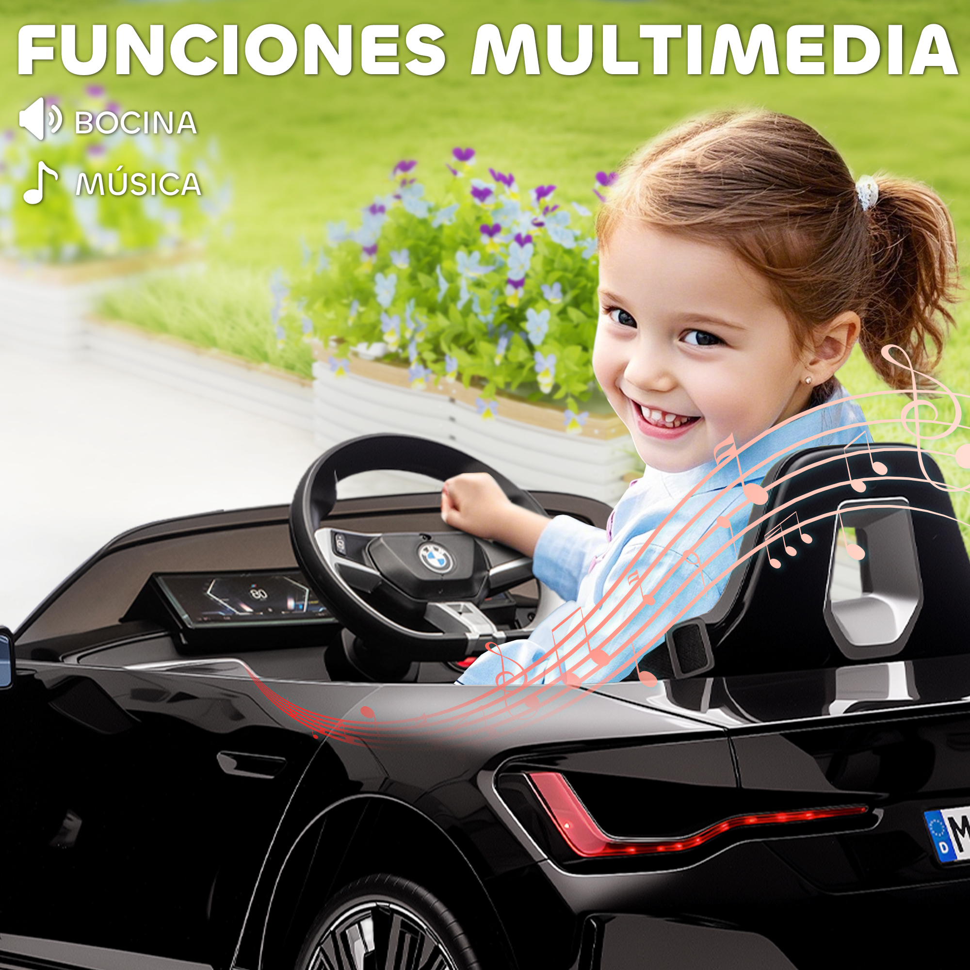 Una niña conduce un coche de juguete negro con notas musicales.