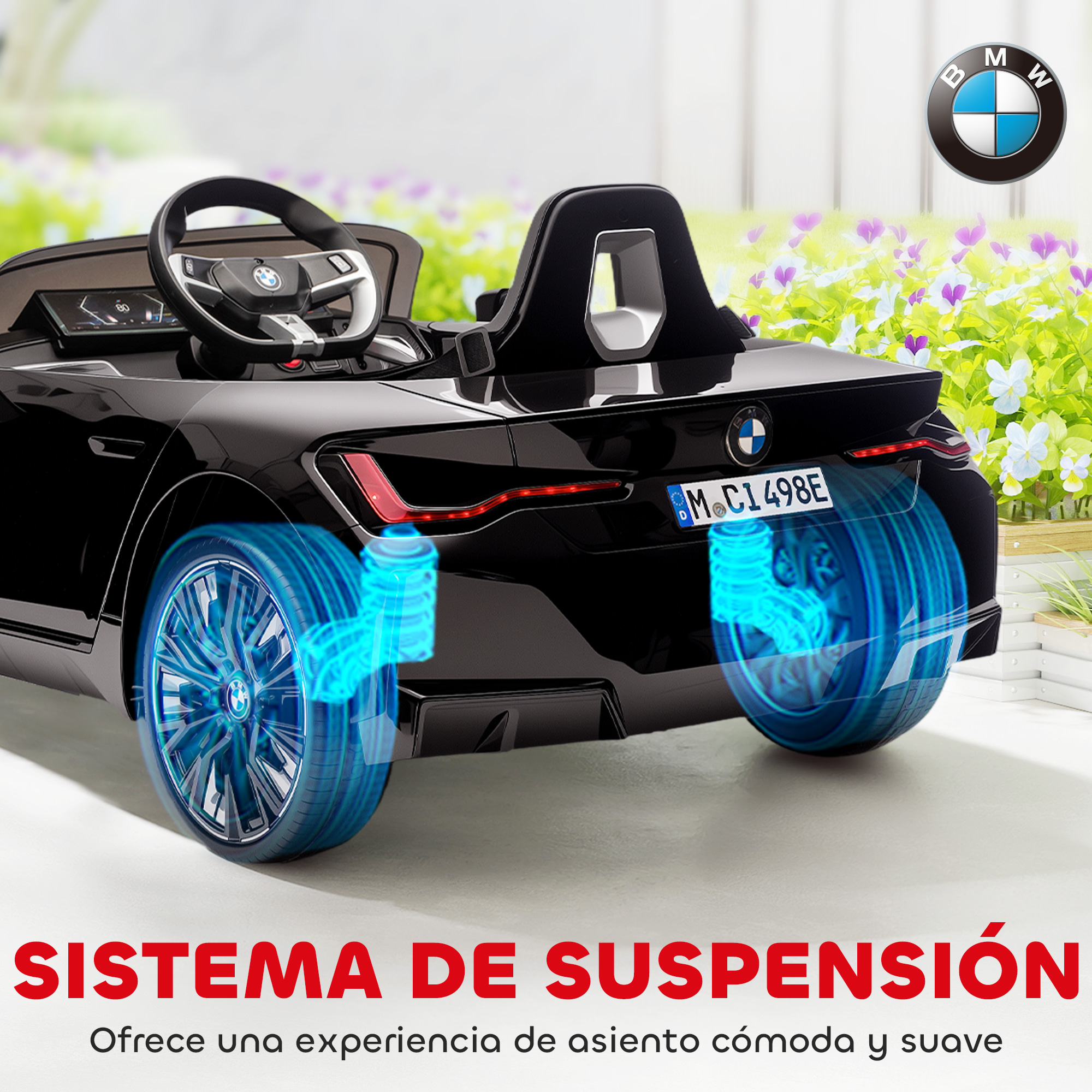 Coche eléctrico negro de juguete con suspensión iluminada y logo BMW.