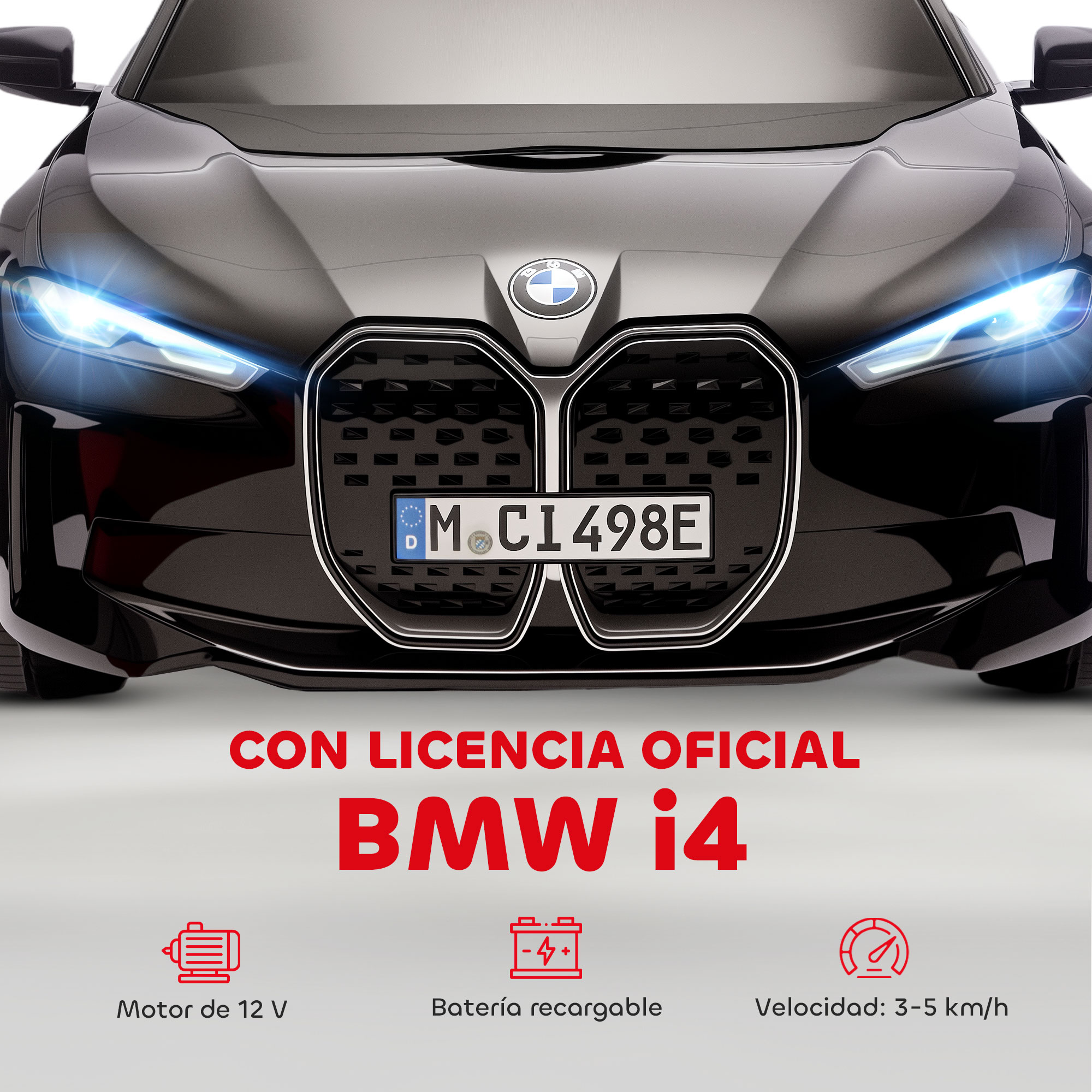 BMW i4 negro con faros encendidos, matrícula M.CI498E.