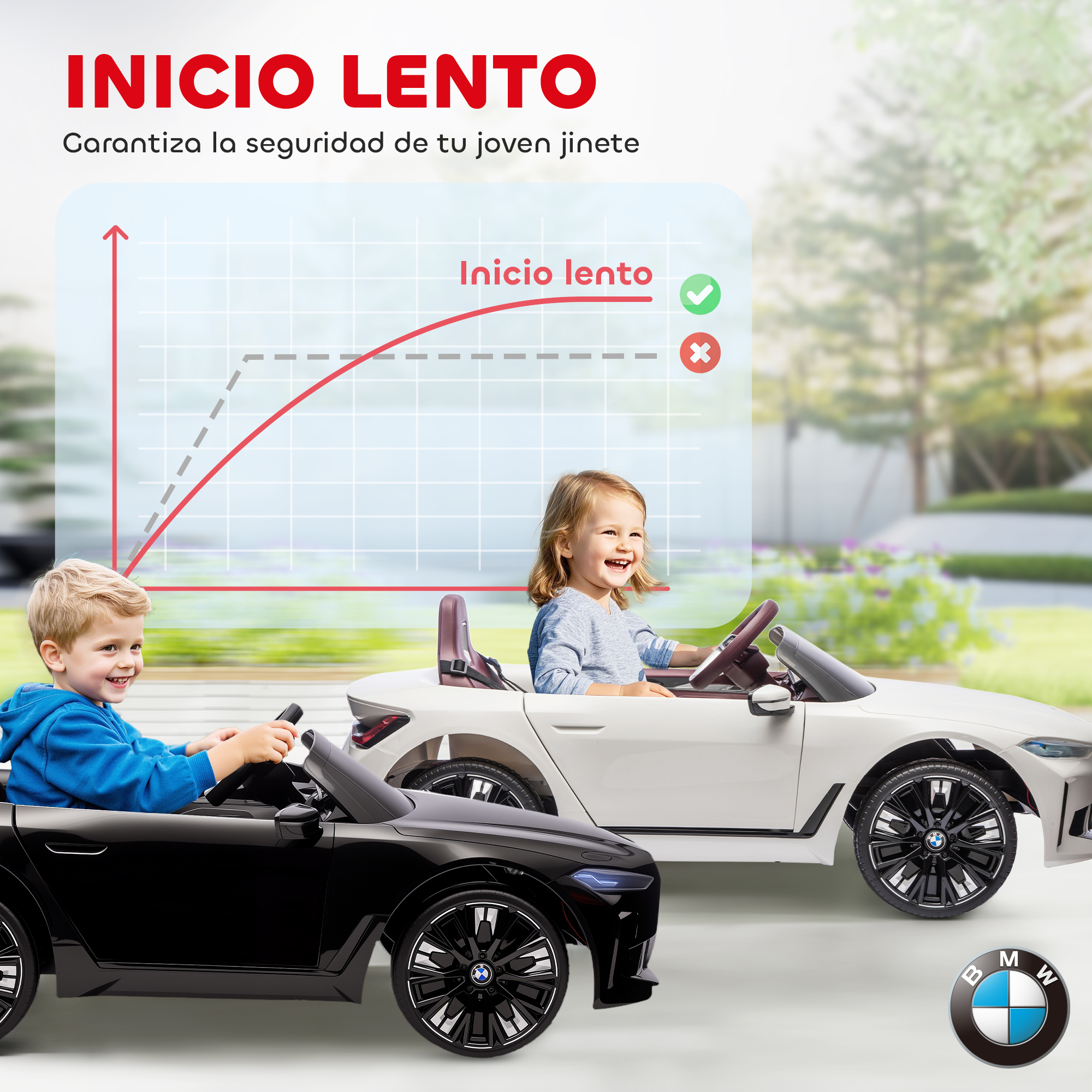 Dos niños conducen coches de juguete. Un niño de azul, una niña de blanco. Gráfico de fondo.