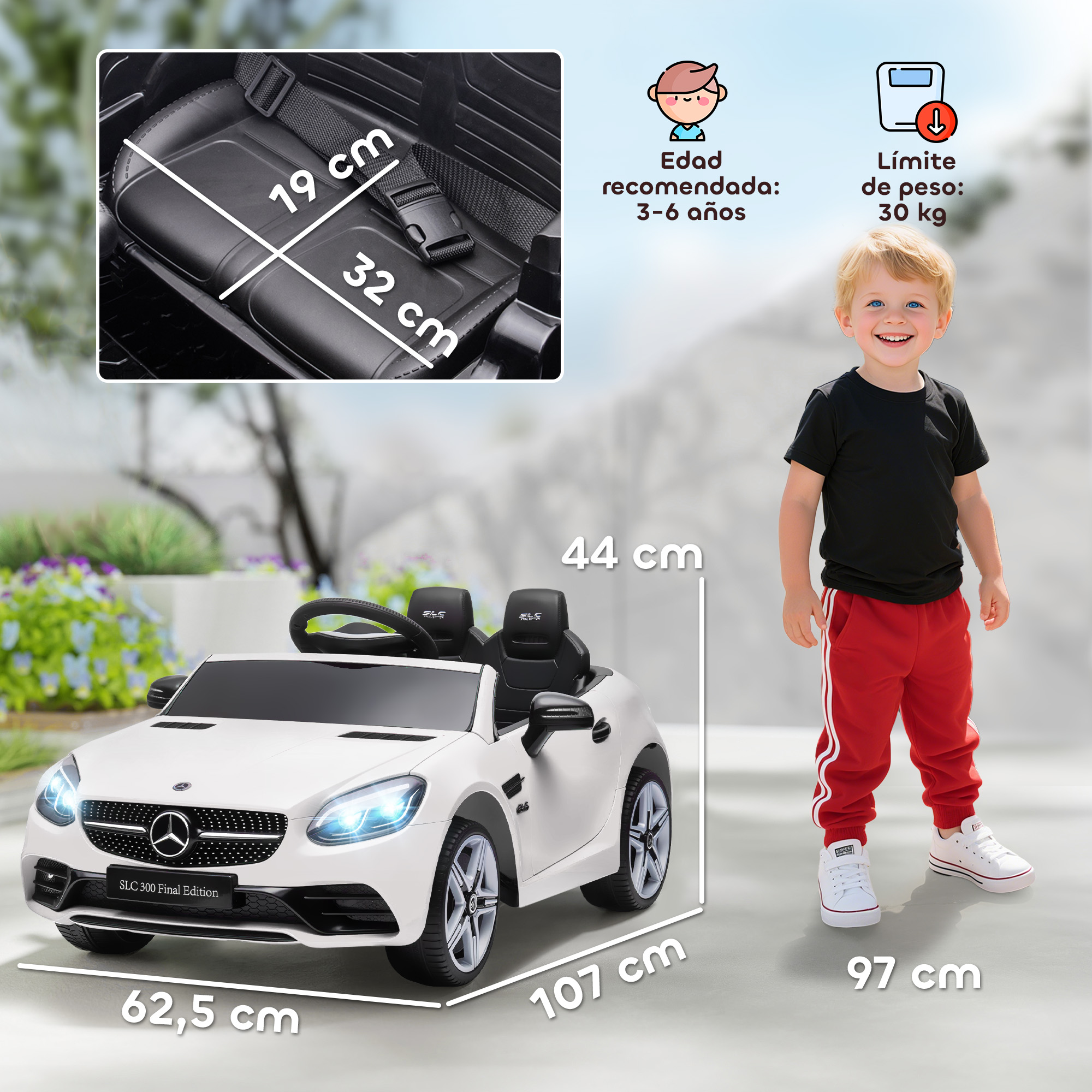Coche eléctrico blanco para niños con dimensiones y un niño sonriente.